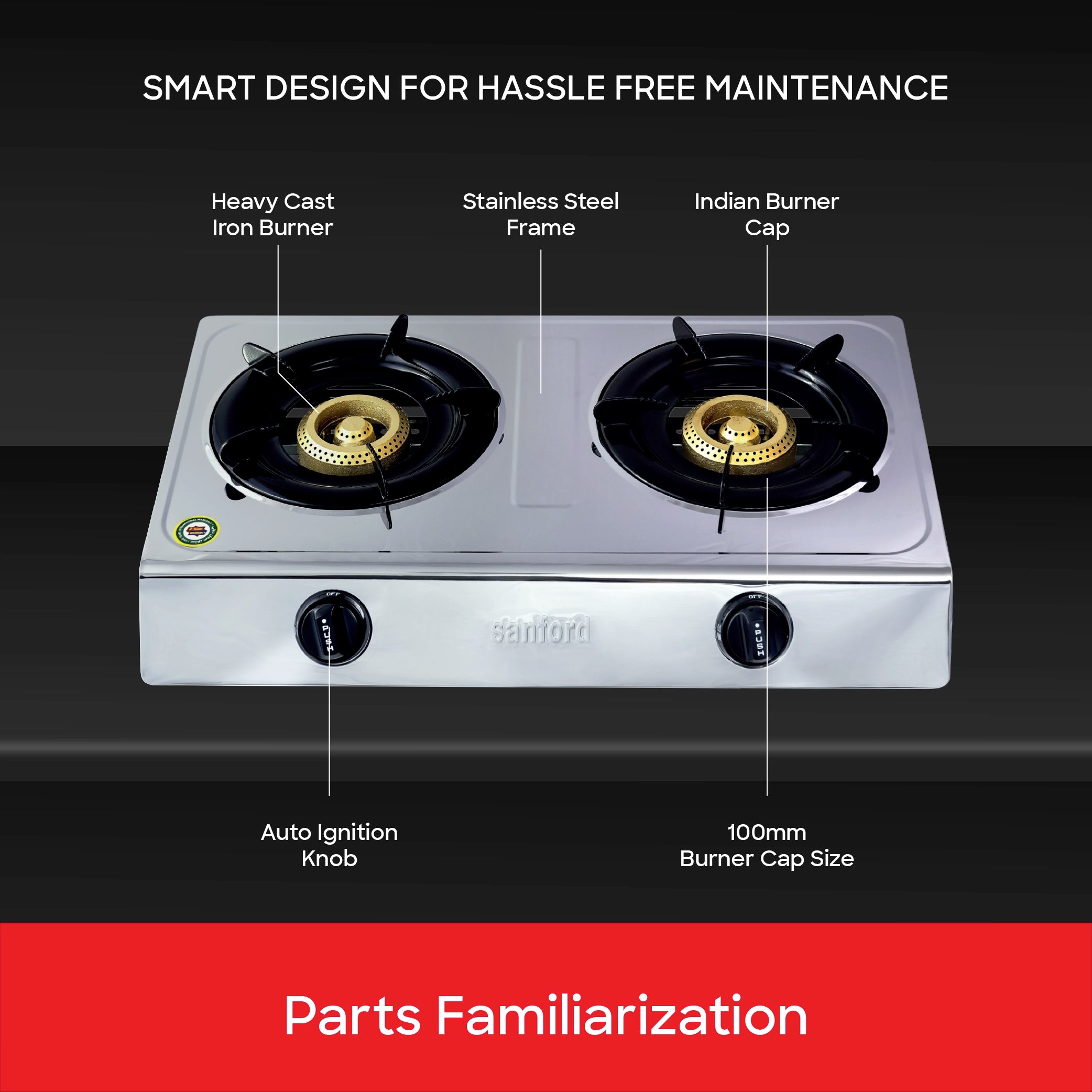Sanford 2 Burner Gas Stove with Stainless Steel Body and Auto Ignition - SF5222GC Sanford KSA