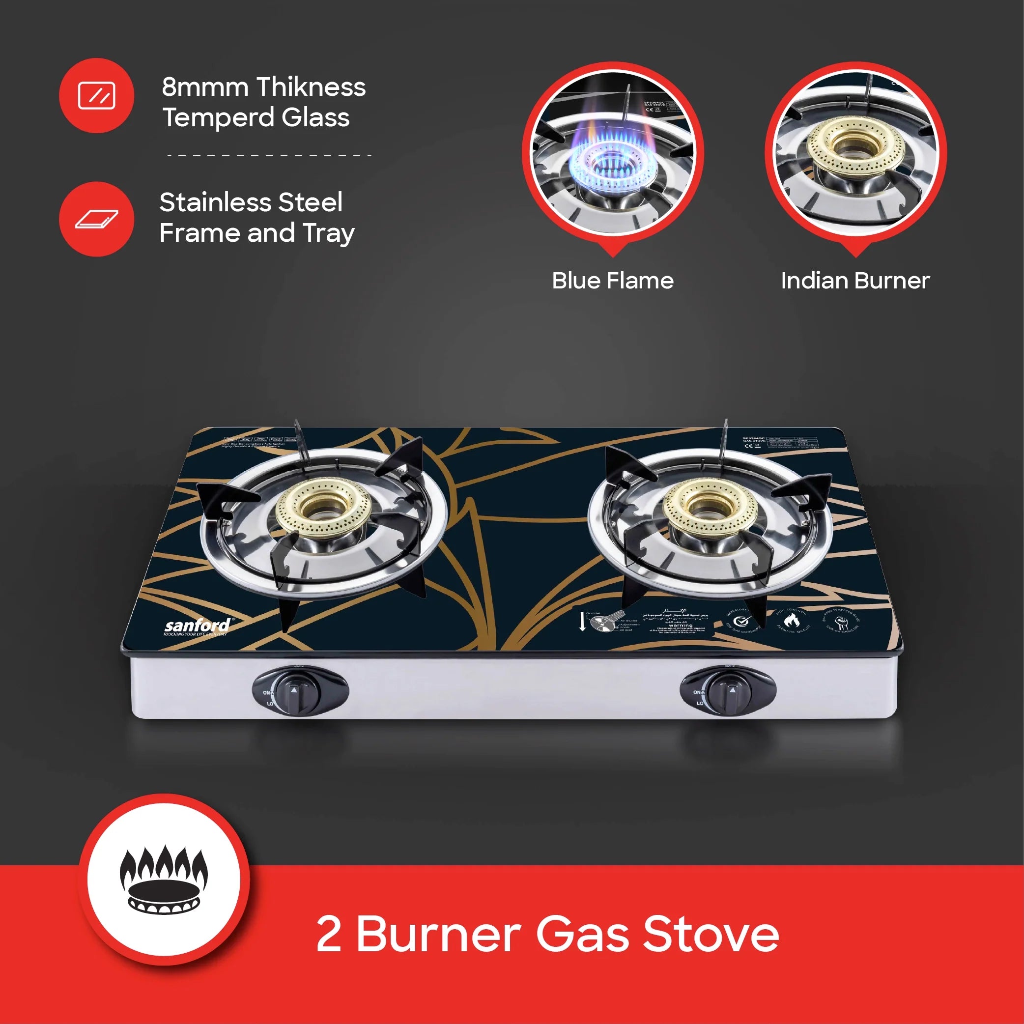  double burner glass gas stove 8mm durable sanford 3