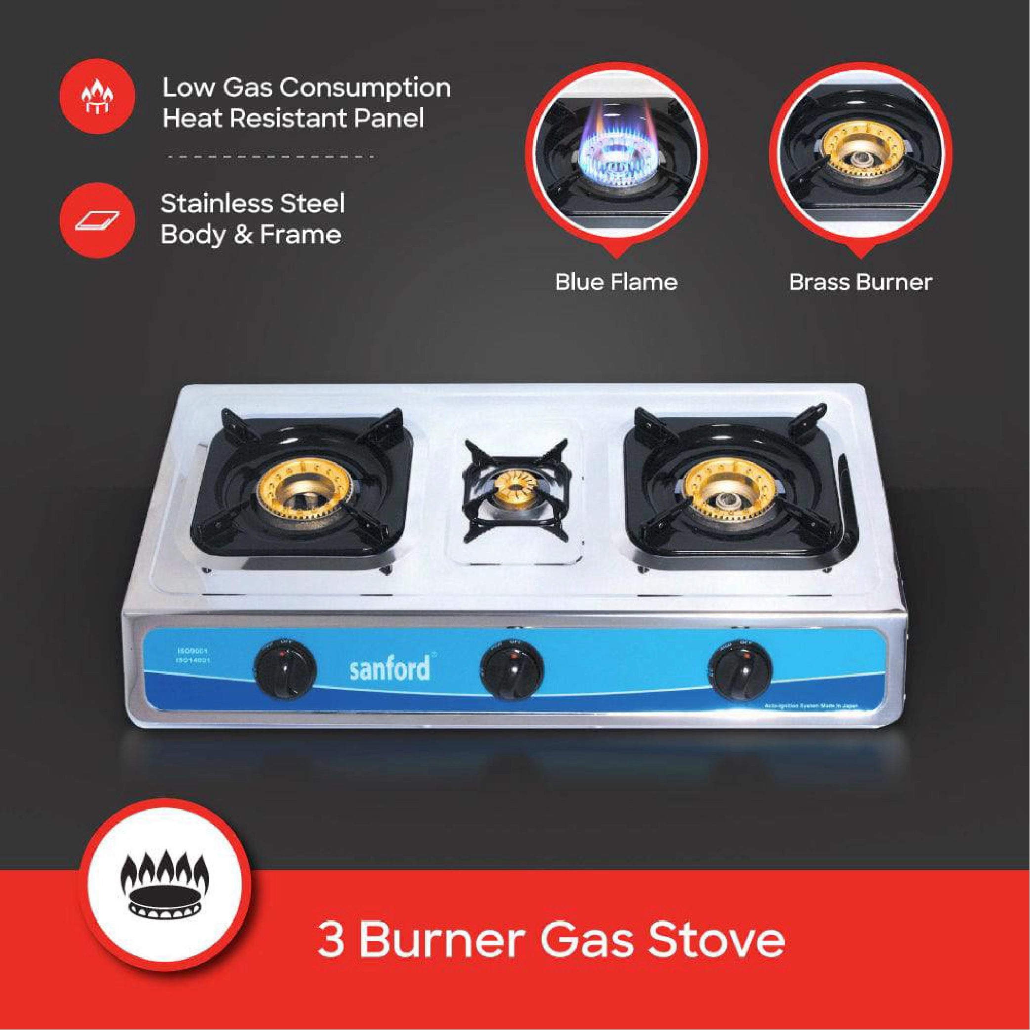 Sanford 3 Burner Gas Stove Stainless Steel with Auto Ignition & Powerful Flame - SF5310GC Sanford KSA