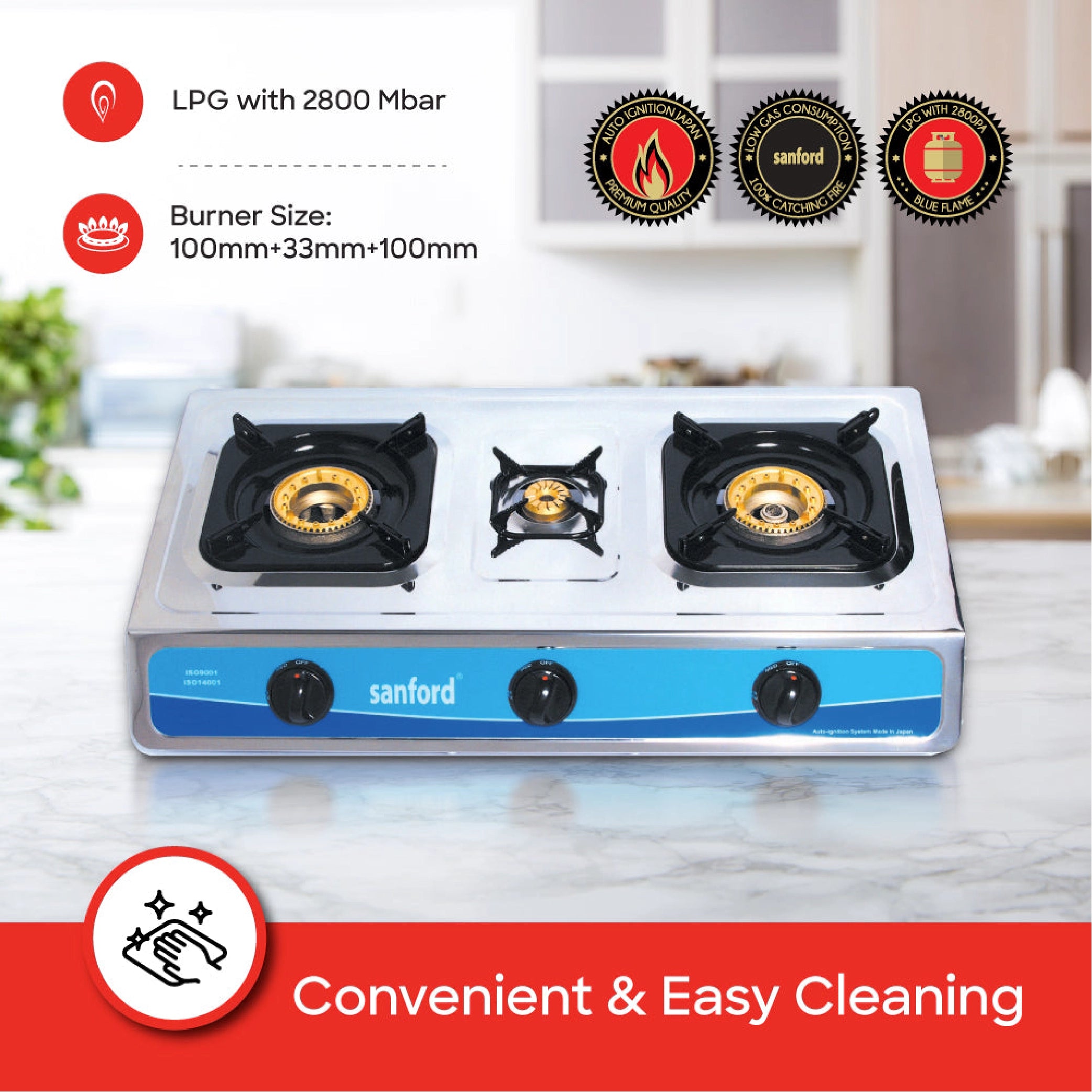 Sanford 3 Burner Gas Stove Stainless Steel with Auto Ignition & Powerful Flame - SF5310GC Sanford KSA