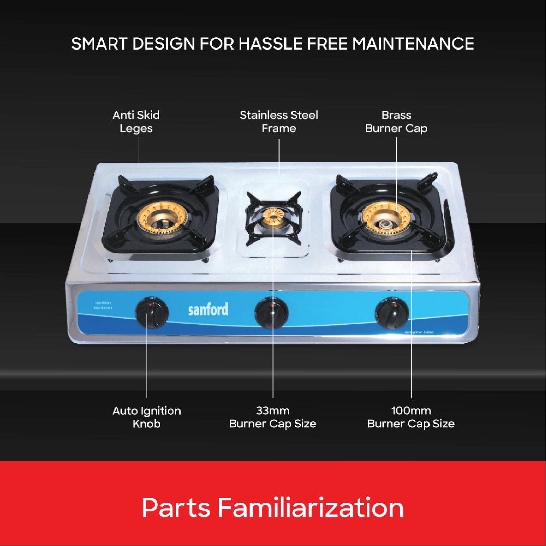 Sanford 3 Burner Gas Stove Stainless Steel with Auto Ignition & Powerful Flame - SF5310GC Sanford KSA