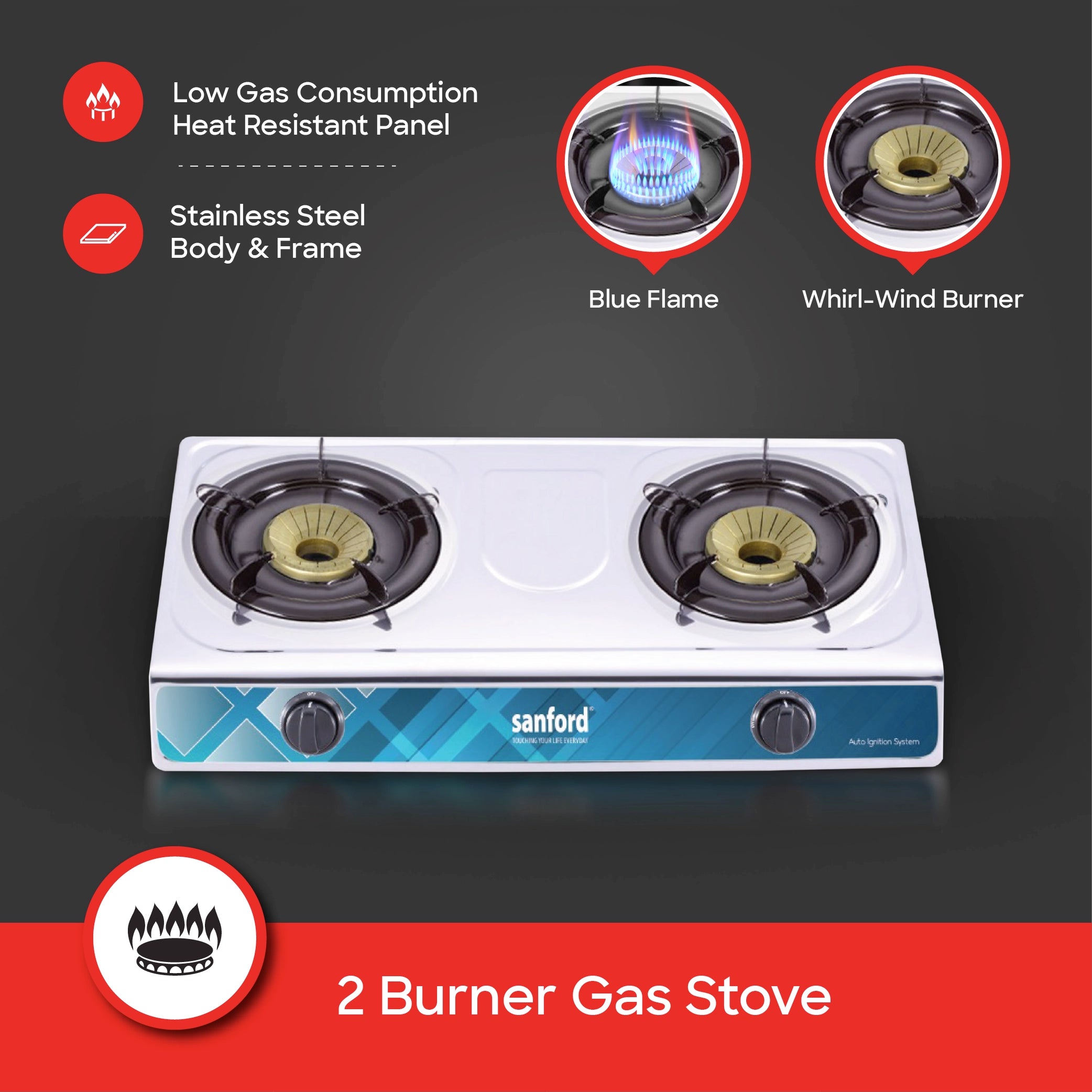 Sanford 2 Burner Gas Stove Stainless Steel with Whirl-Wind Blue Flame - SF5313GCB Sanford KSA