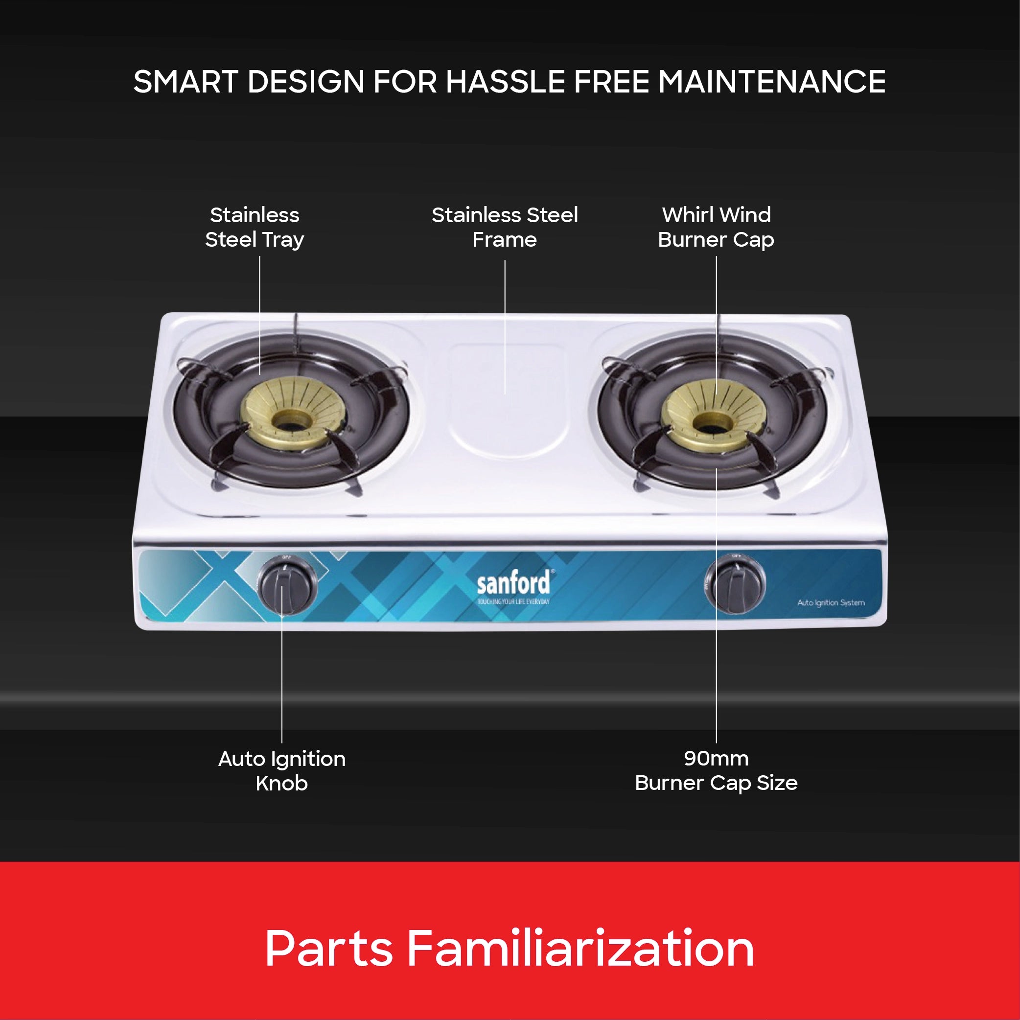 Sanford 2 Burner Gas Stove Stainless Steel with Whirl-Wind Blue Flame - SF5313GCB Sanford KSA