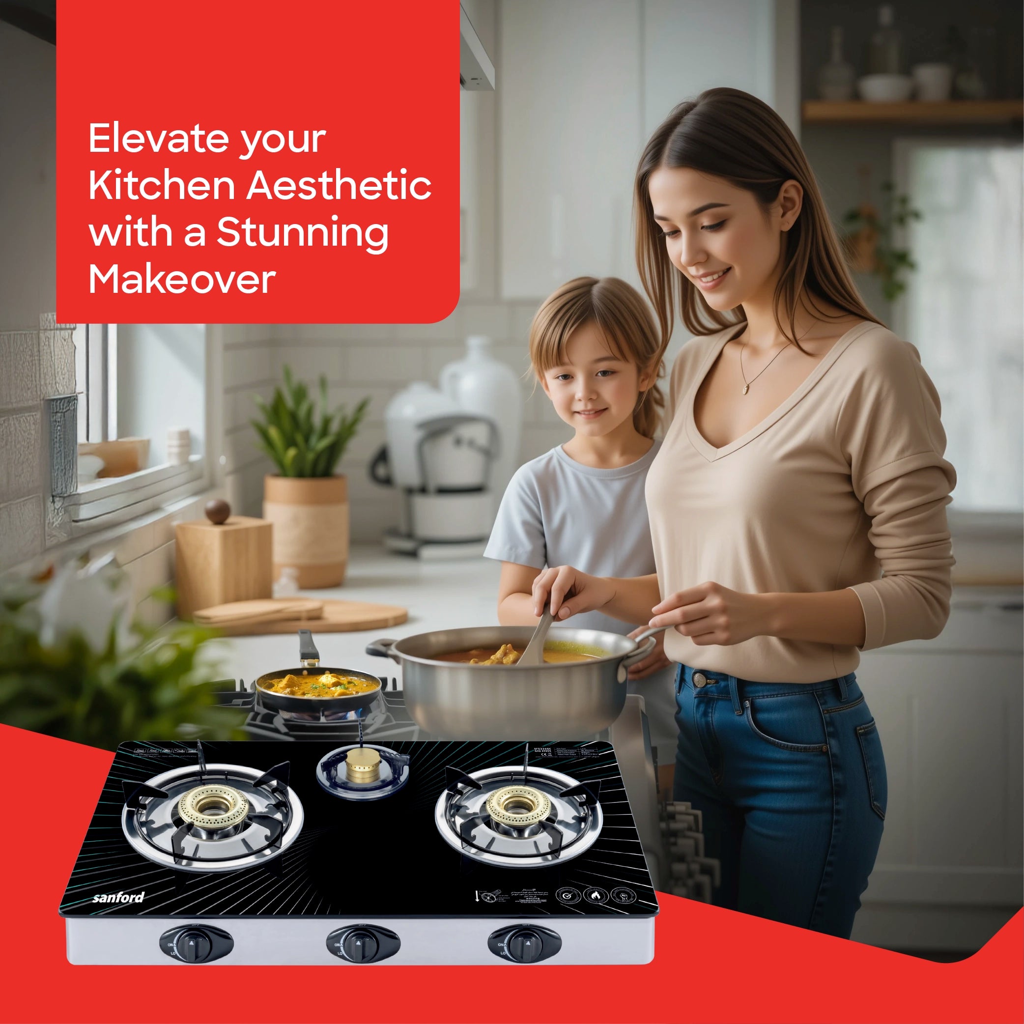 Sanford 3 Burner Gas Stove Toughened Glass with Auto Ignition & Indian Burner Cap - SF5326GC-A Sanford KSA