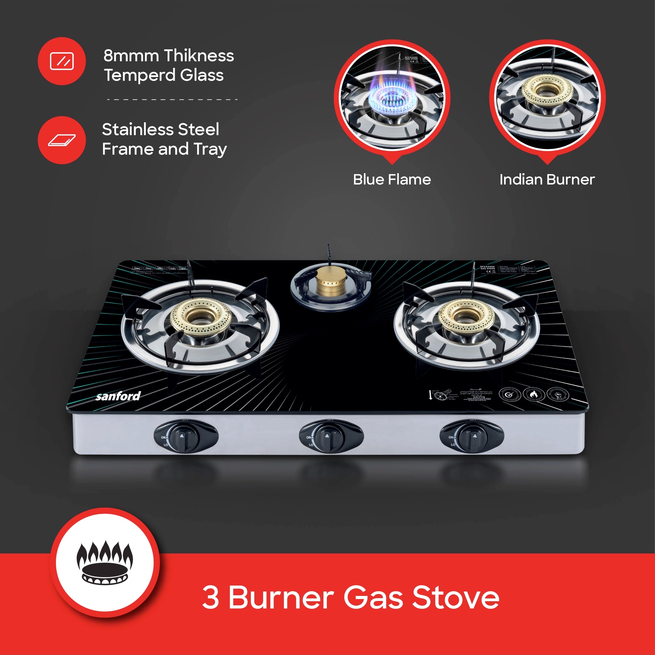 Sanford 3 Burner Gas Stove Toughened Glass with Auto Ignition & Indian Burner Cap - SF5326GC-A Sanford KSA