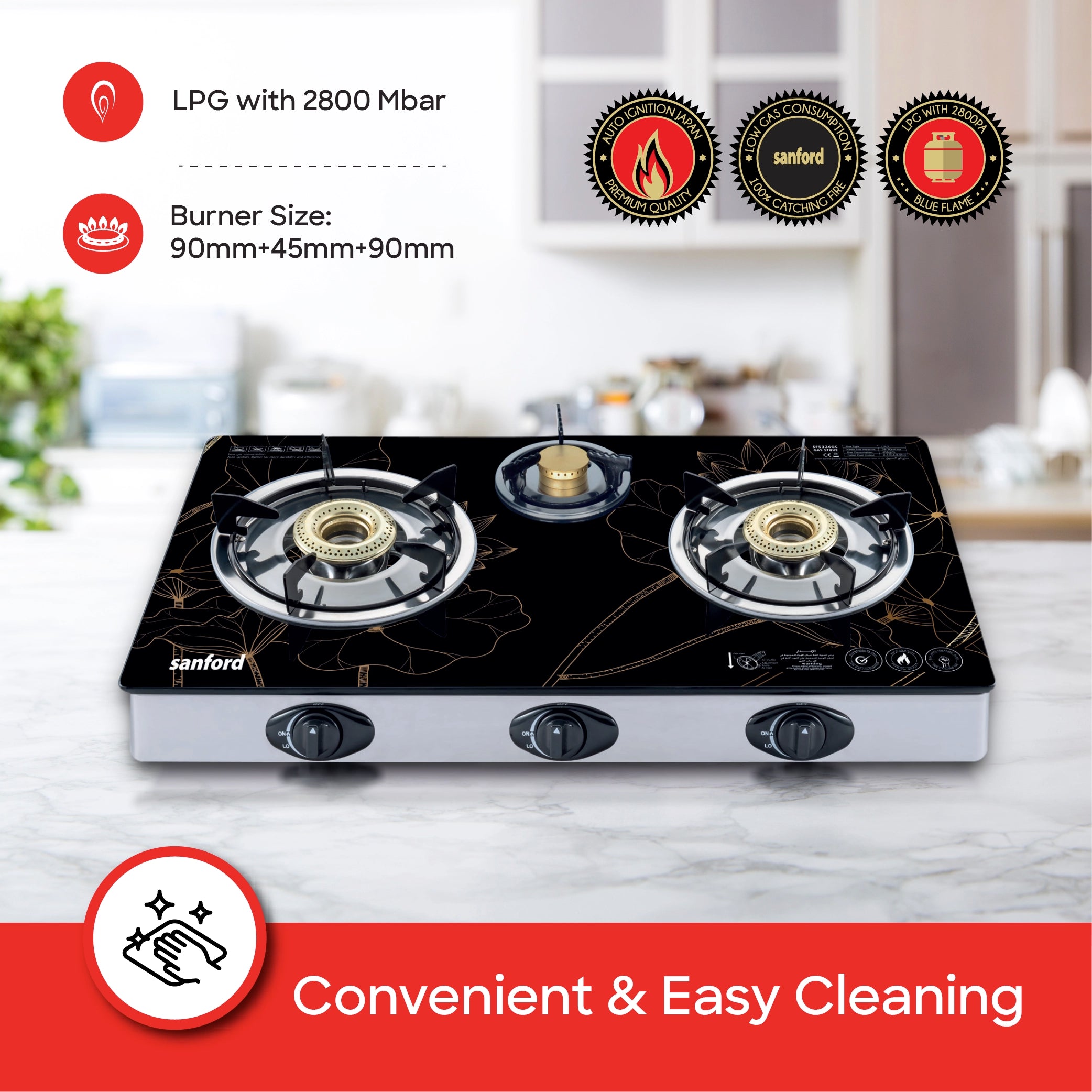 Sanford 3 Burner Gas Stove Toughened Glass with Auto Ignition & Indian Burner Cap - SF5326GC-A Sanford KSA