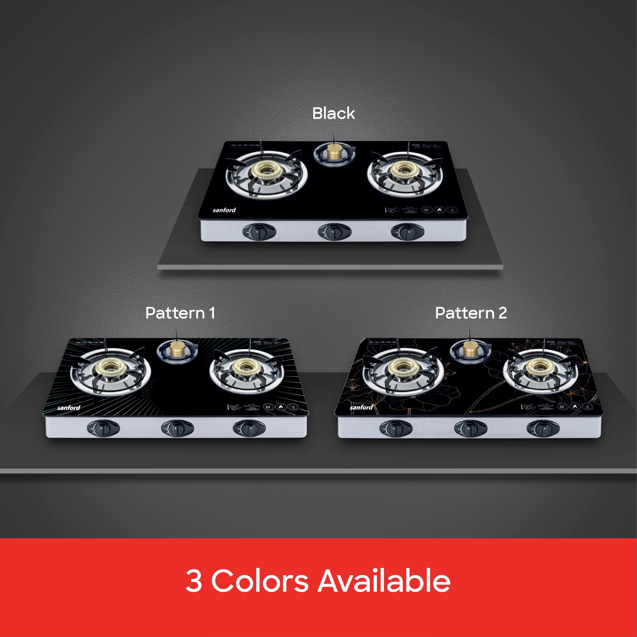 Sanford 3 Burner Gas Stove Toughened Glass with Auto Ignition & Indian Burner Cap - SF5326GC-A Sanford KSA