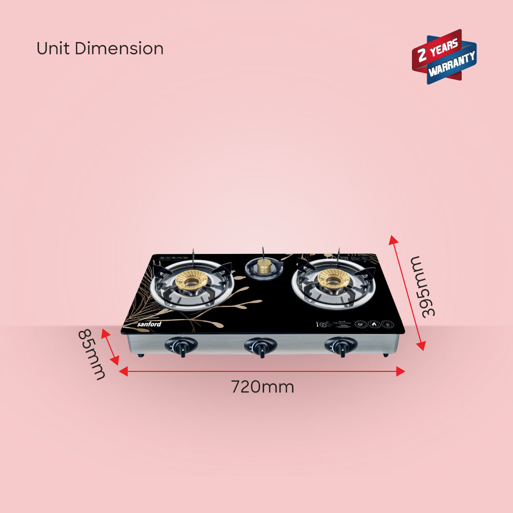 Sanford SF5326GC-B 3 burner gas stove dimensions view