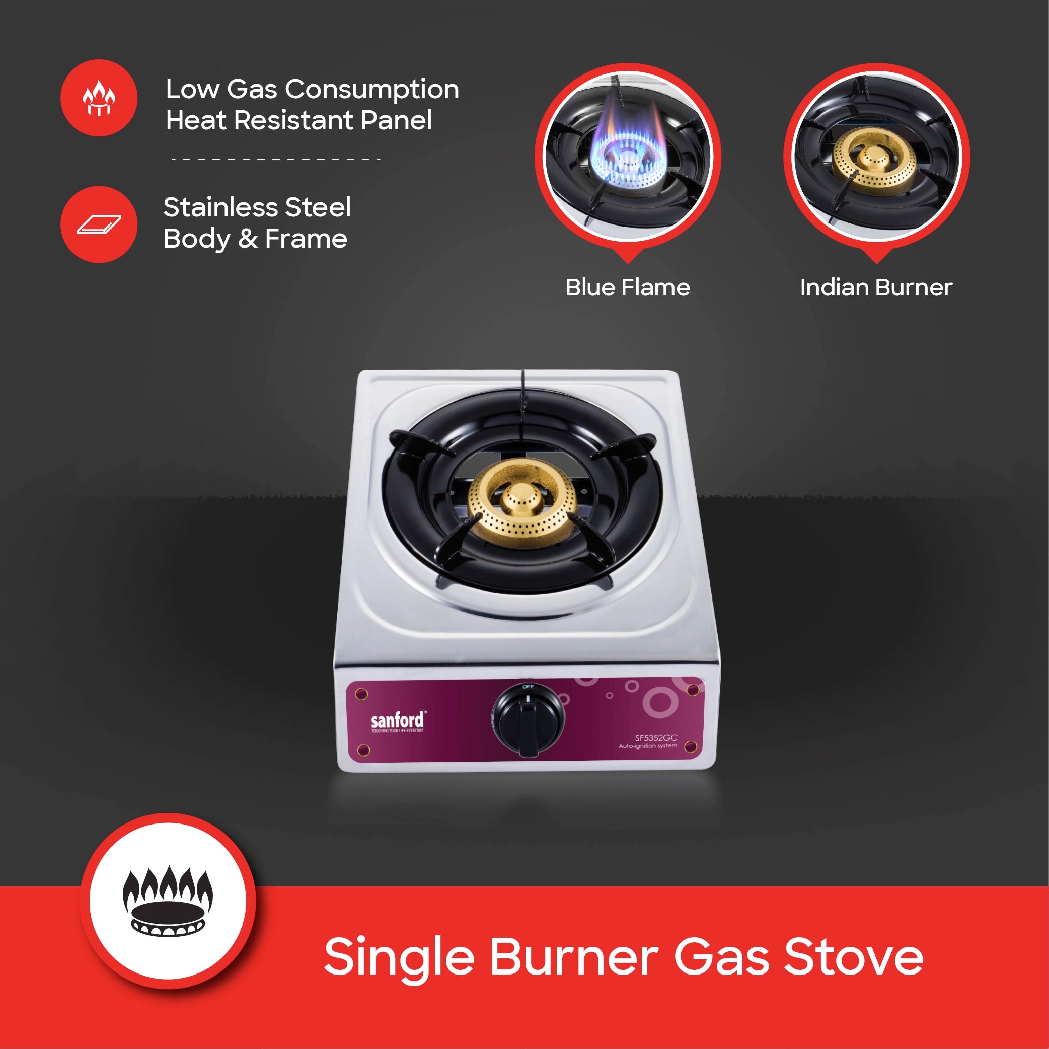 Sanford 1 Burner Gas Stove Stainless Steel with Auto Ignition & Blue Flame - SF5352GC Sanford KSA