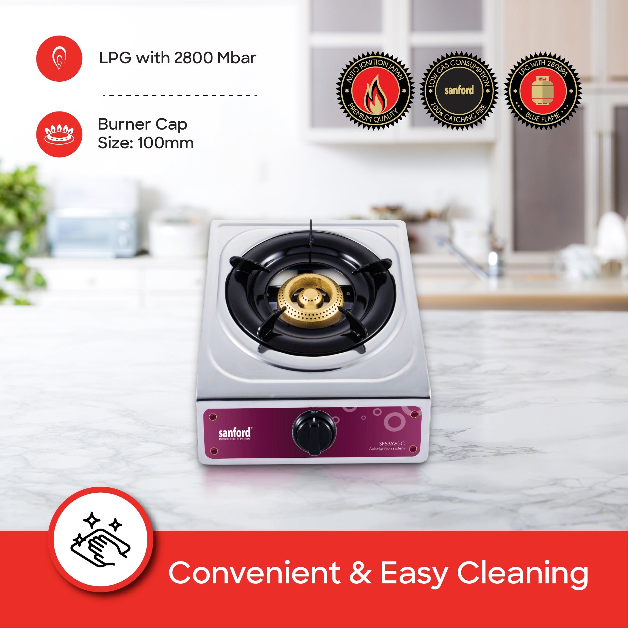 Sanford 1 Burner Gas Stove Stainless Steel with Auto Ignition & Blue Flame - SF5352GC Sanford KSA