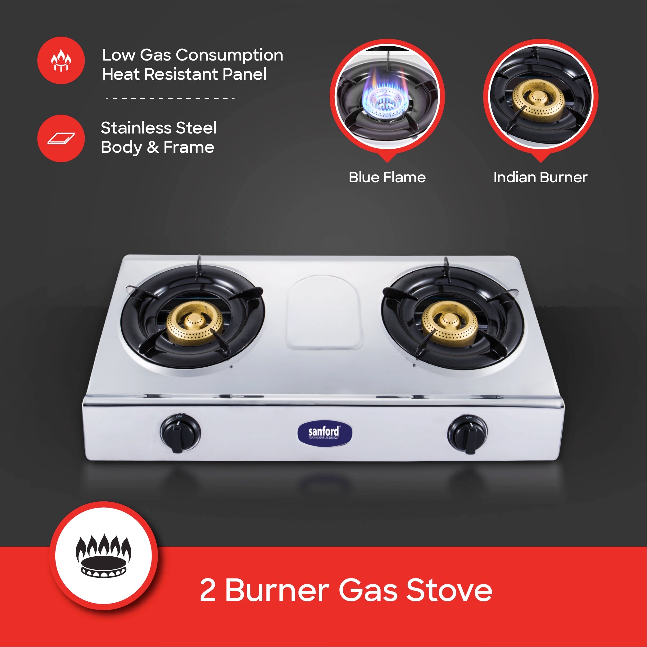 Sanford 2 Burner Gas Stove Stainless Steel with Auto Ignition & Blue Flame - SF5356GC Sanford KSA