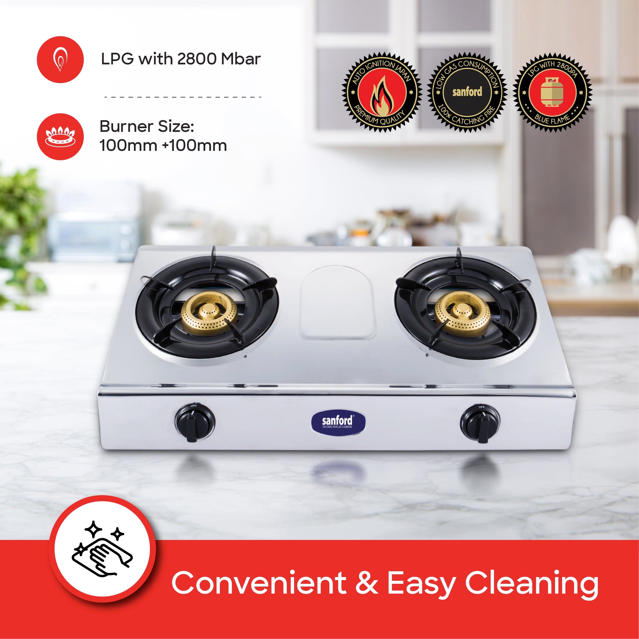 Sanford 2 Burner Gas Stove Stainless Steel with Auto Ignition & Blue Flame - SF5356GC Sanford KSA