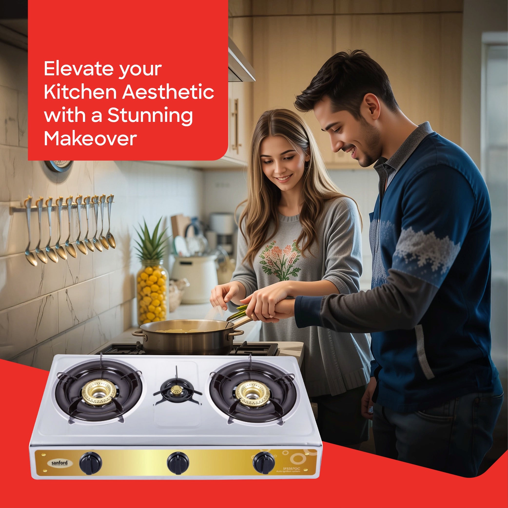 Sanford 3 Burner Gas Stove Stainless Steel with Auto Ignition, Blue Flame & Indian Cap - SF5357GC-A Sanford KSA