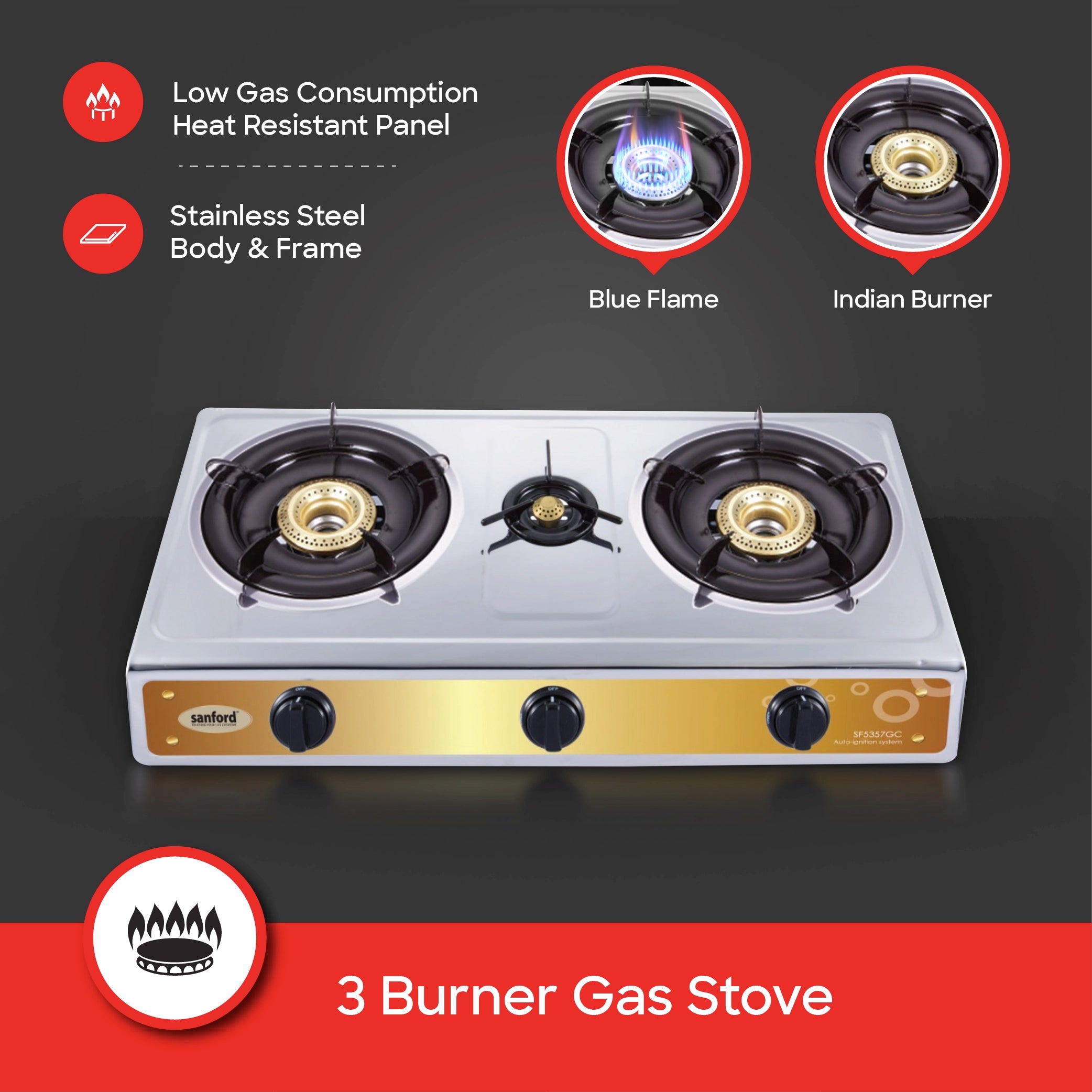 Sanford 3 Burner Gas Stove Stainless Steel with Auto Ignition, Blue Flame & Indian Cap - SF5357GC-A Sanford KSA