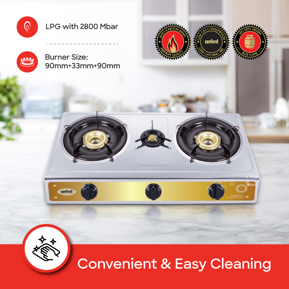 Sanford SF5357GC-A gas stove control knobs and ignition detail