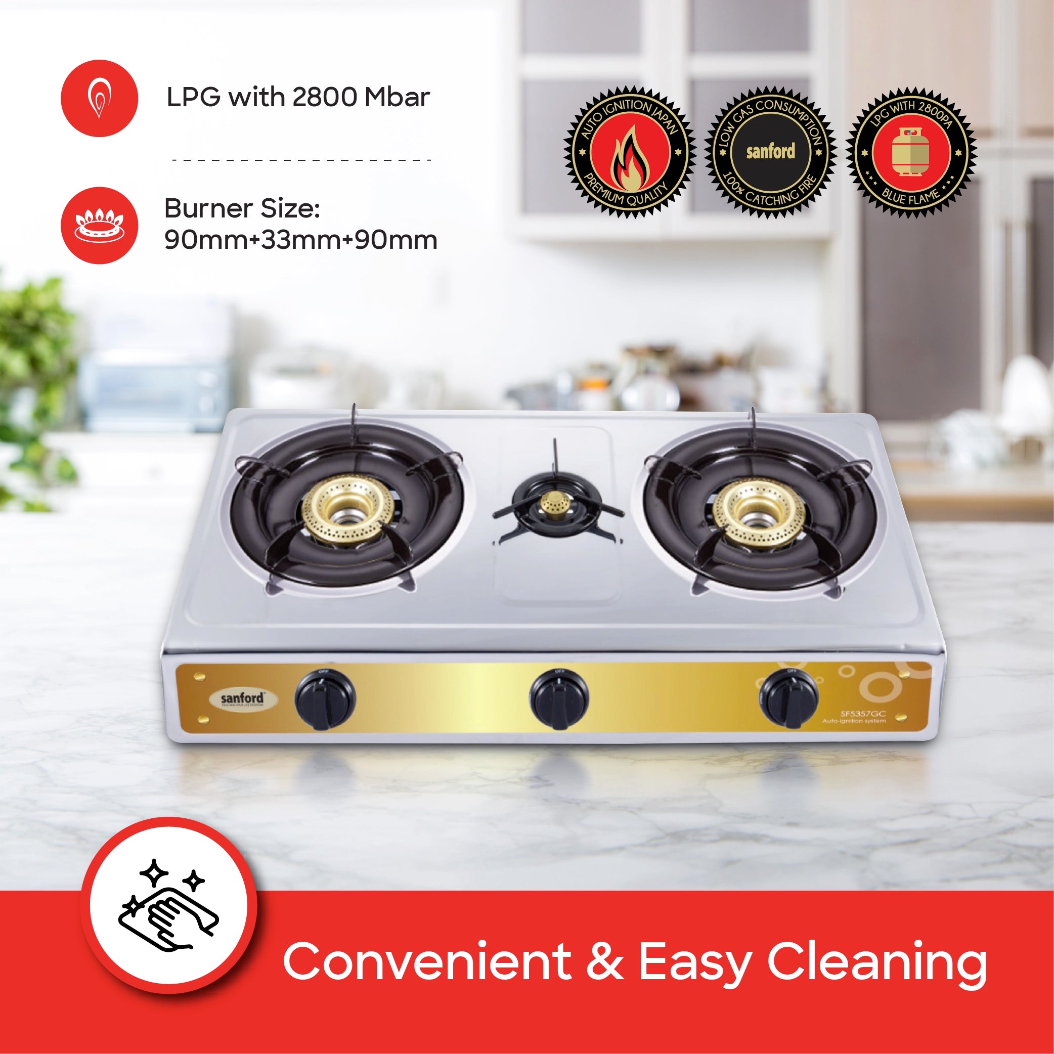 Sanford 3 Burner Gas Stove Stainless Steel with Auto Ignition, Blue Flame & Indian Cap - SF5357GC-A Sanford KSA