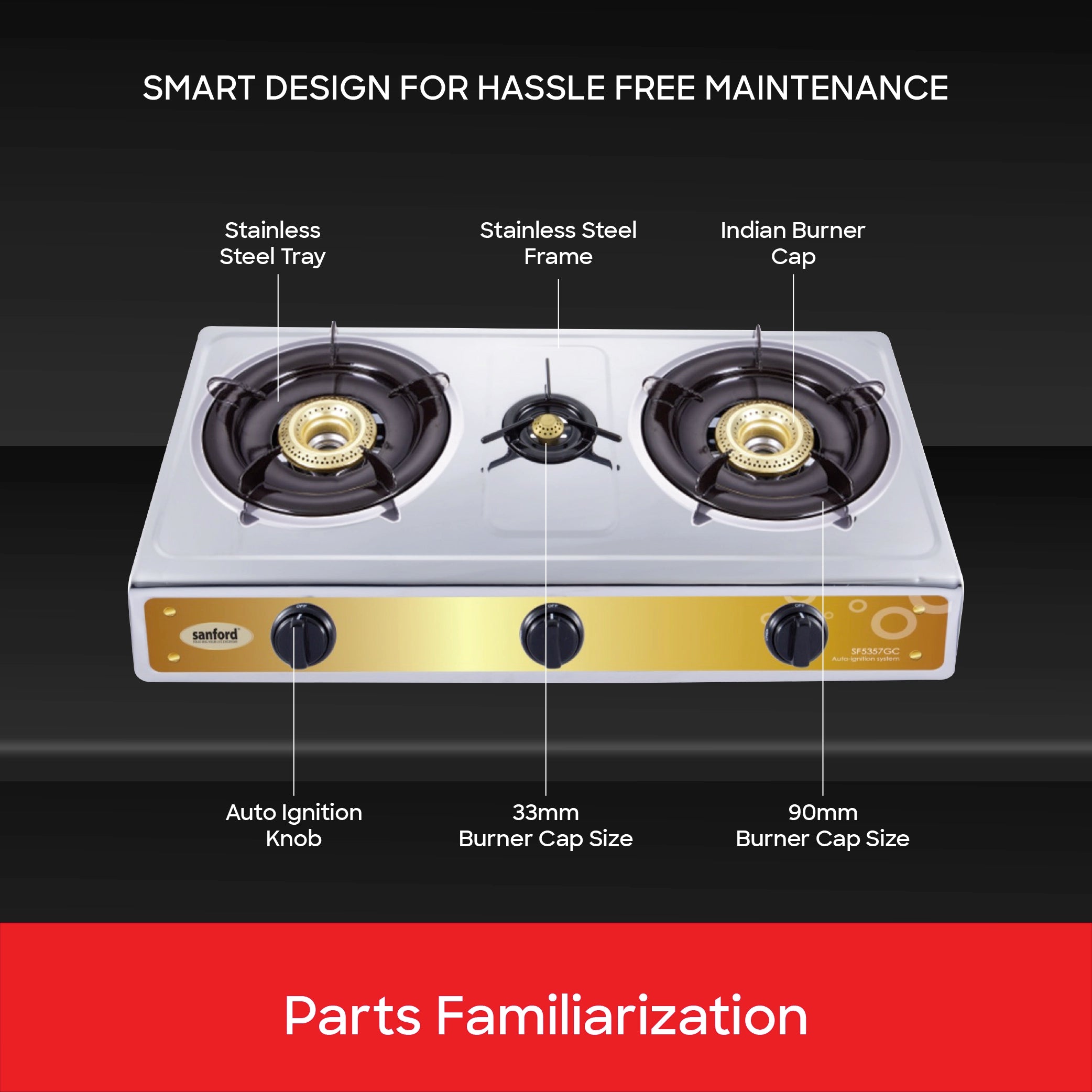 Sanford 3 Burner Gas Stove Stainless Steel with Auto Ignition, Blue Flame & Indian Cap - SF5357GC-A Sanford KSA