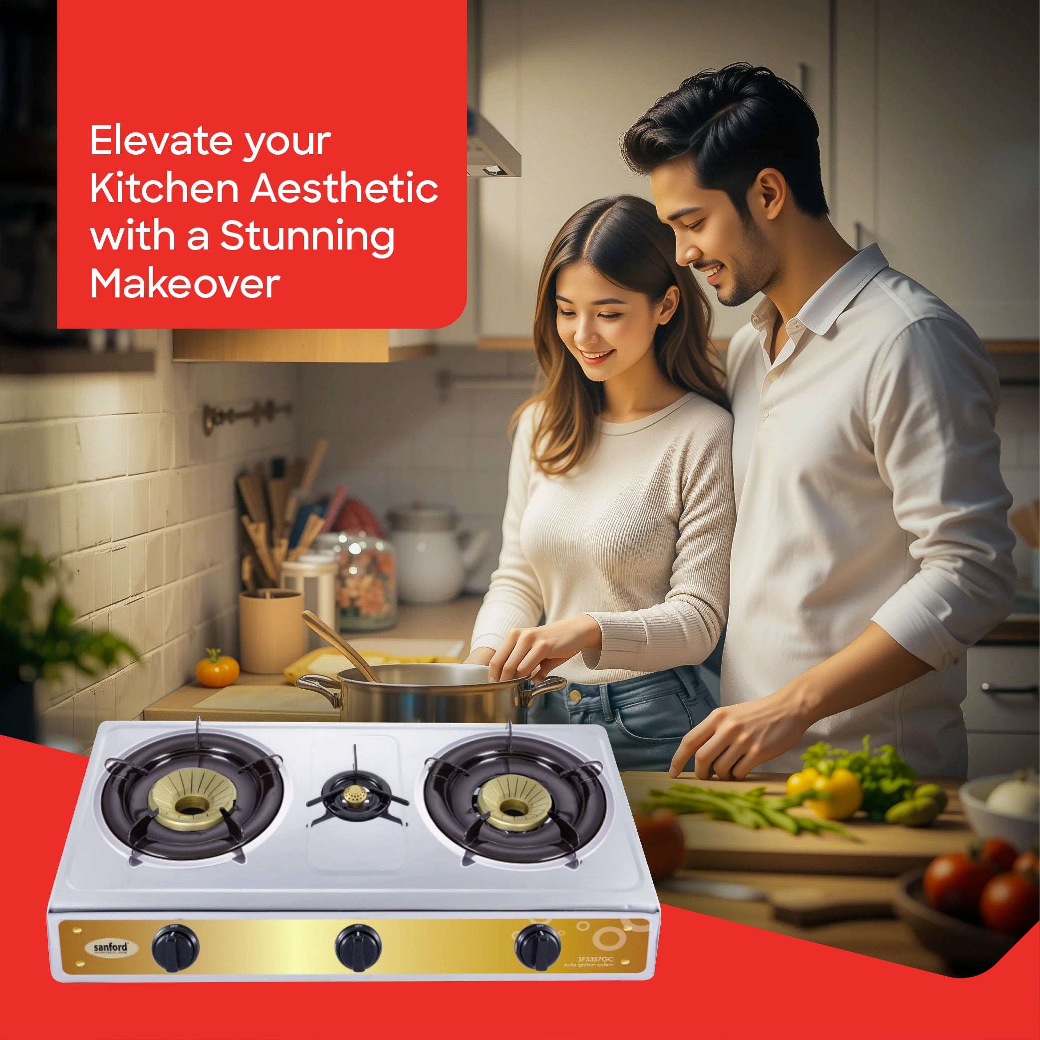 Sanford 3 Burner Gas Stove Stainless Steel with Auto Ignition, Blue Flame & Whirl-Wind Cap - SF5357GC-B Sanford KSA
