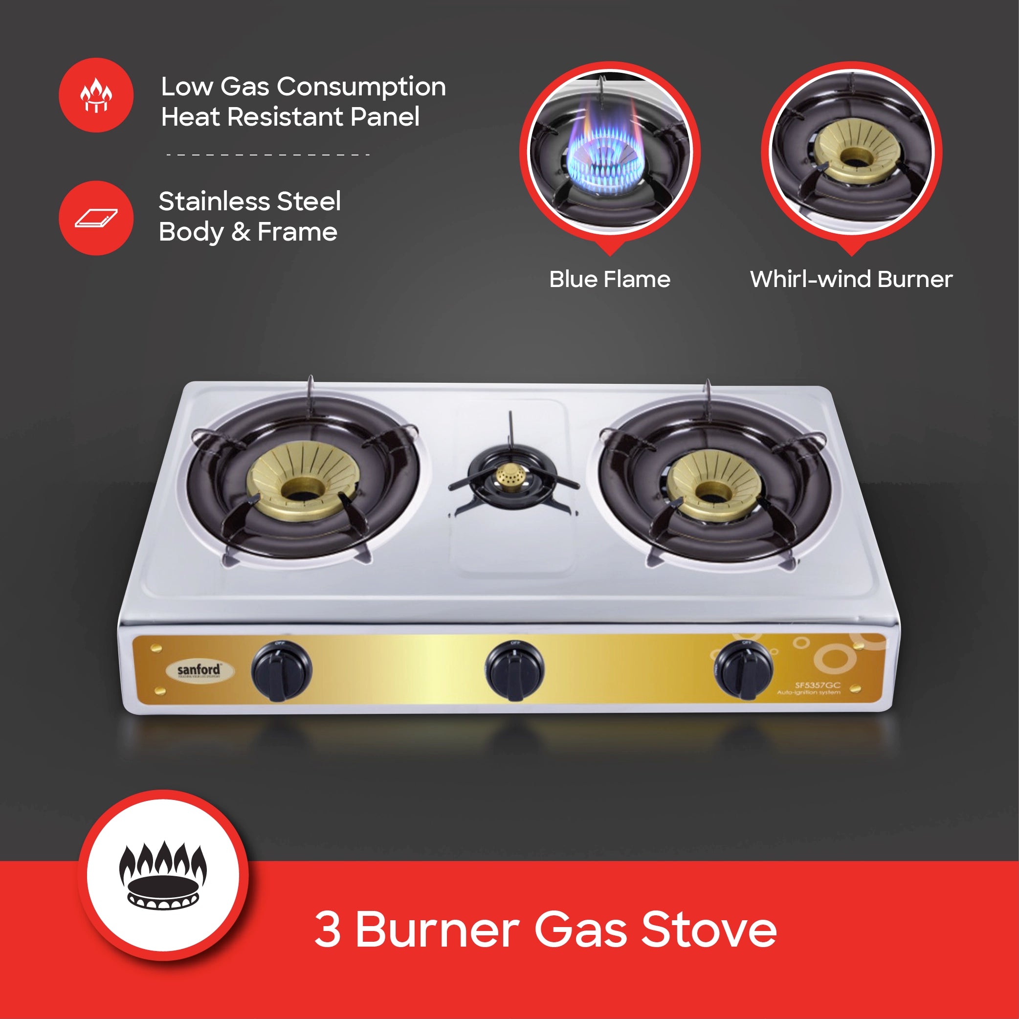 Sanford 3 Burner Gas Stove Stainless Steel with Auto Ignition, Blue Flame & Whirl-Wind Cap - SF5357GC-B Sanford KSA