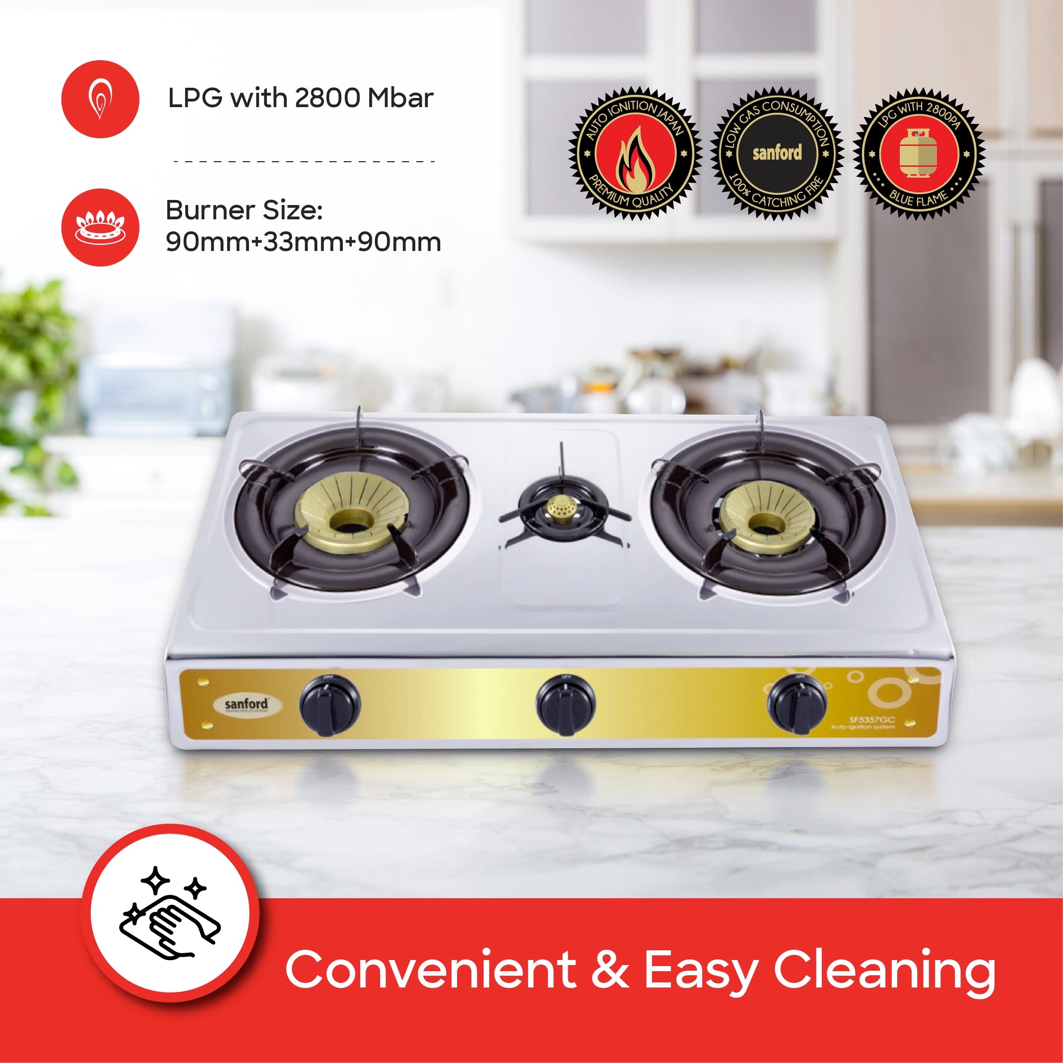 Sanford 3 Burner Gas Stove Stainless Steel with Auto Ignition, Blue Flame & Whirl-Wind Cap - SF5357GC-B Sanford KSA