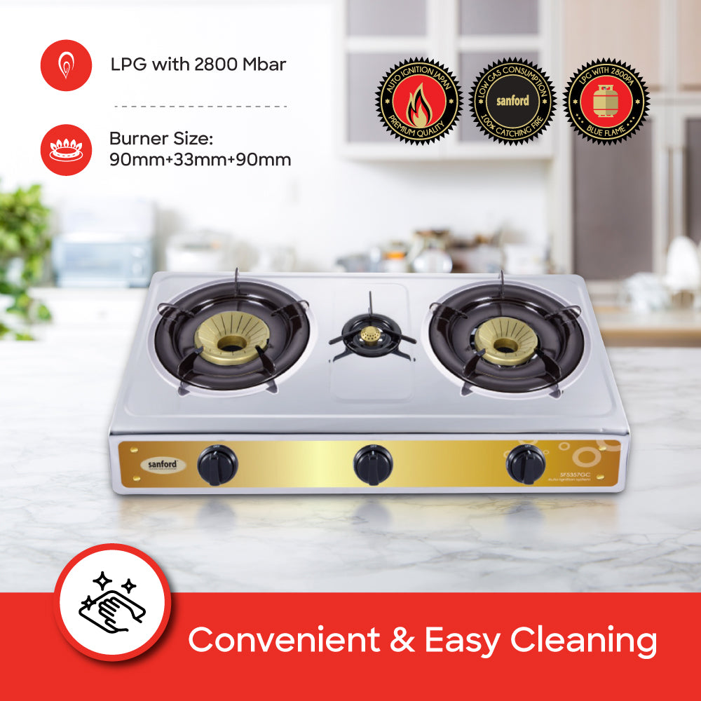 Sanford SF5357GC-B gas stove control knobs and ignition detail