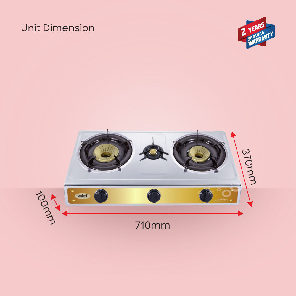 Sanford SF5357GC-B 3 burner gas stove dimensions view