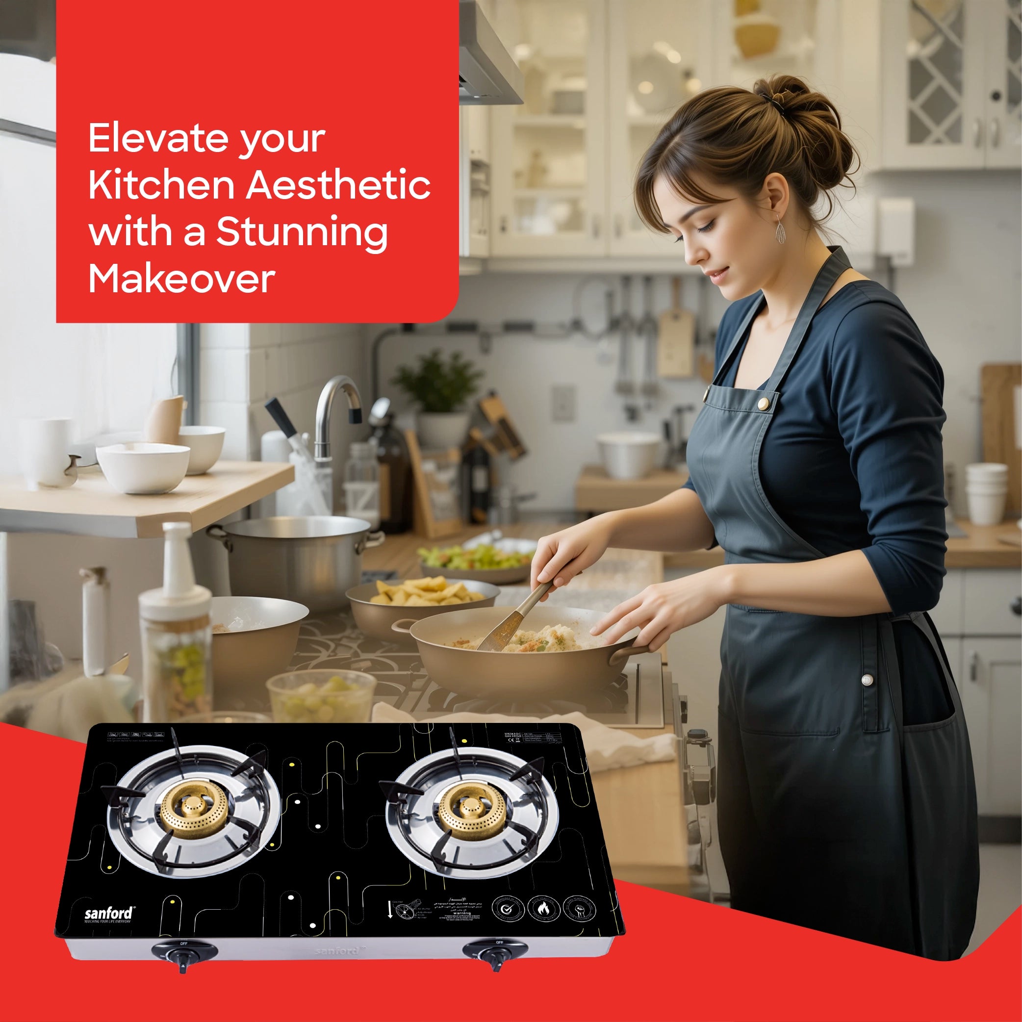 Sanford 2 Burner Gas Stove Toughened Glass with Auto Ignition & Brass Burners - SF5361GC Sanford KSA
