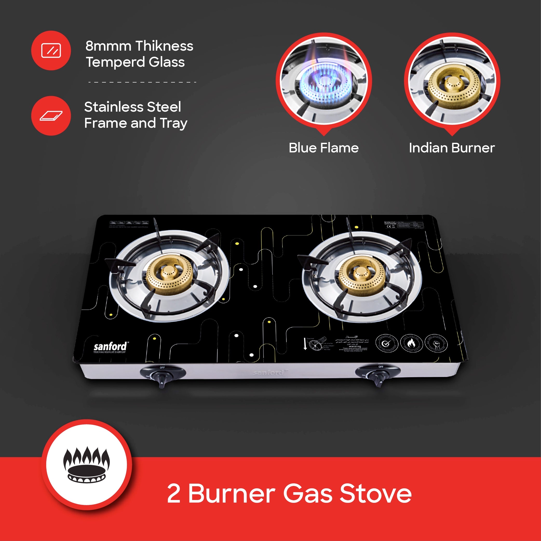 Sanford 2 Burner Gas Stove Toughened Glass with Auto Ignition & Brass Burners - SF5361GC Sanford KSA