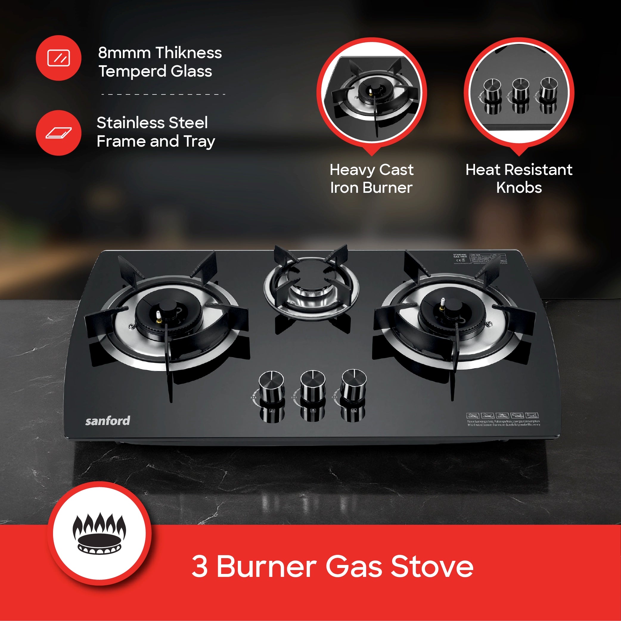 Sanford 3 Burner Gas Hob Toughened Glass with Pulse Ignition & Cast Iron Burners - SF5404GC Sanford KSA