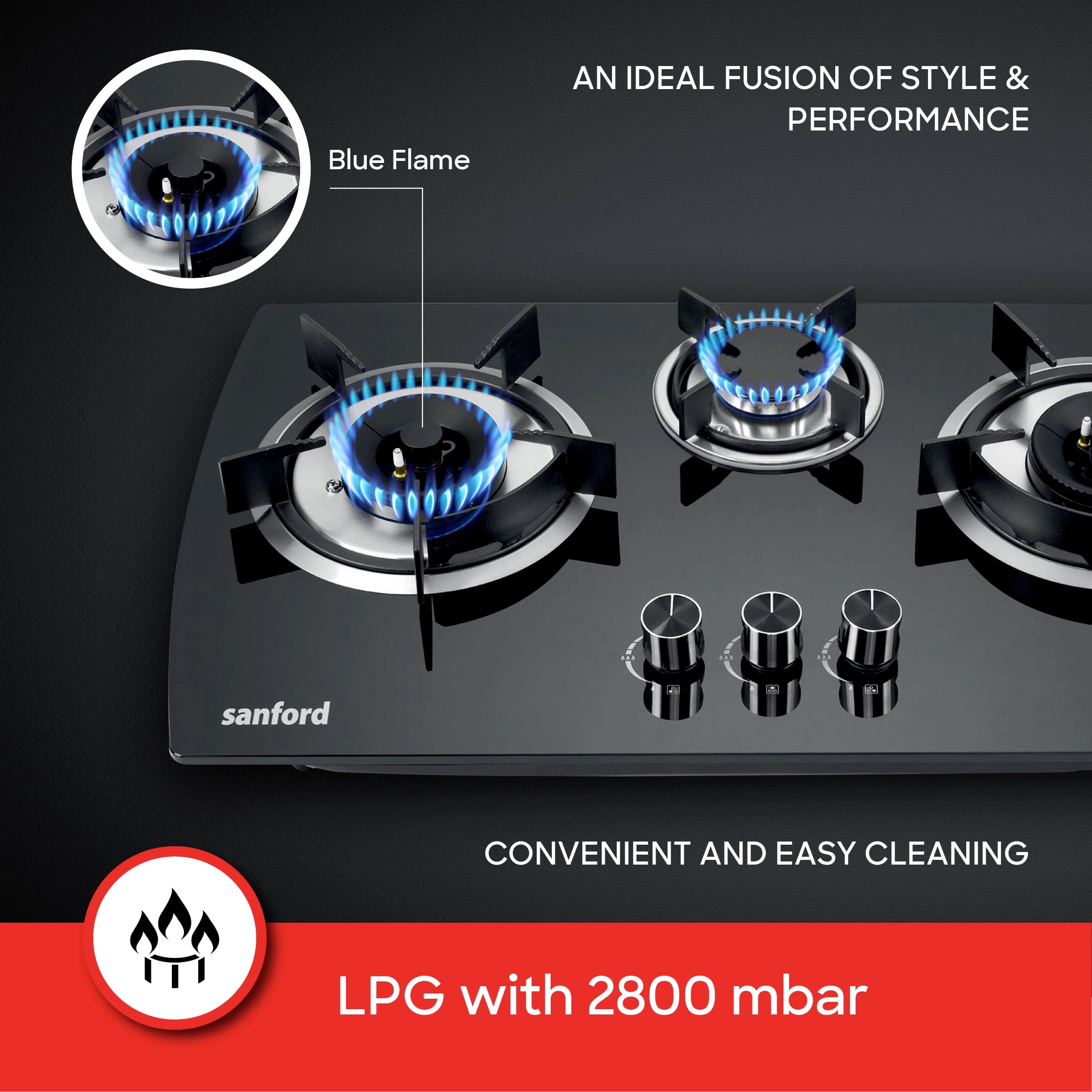 Sanford 3 Burner Gas Hob Toughened Glass with Pulse Ignition & Cast Iron Burners - SF5404GC Sanford KSA