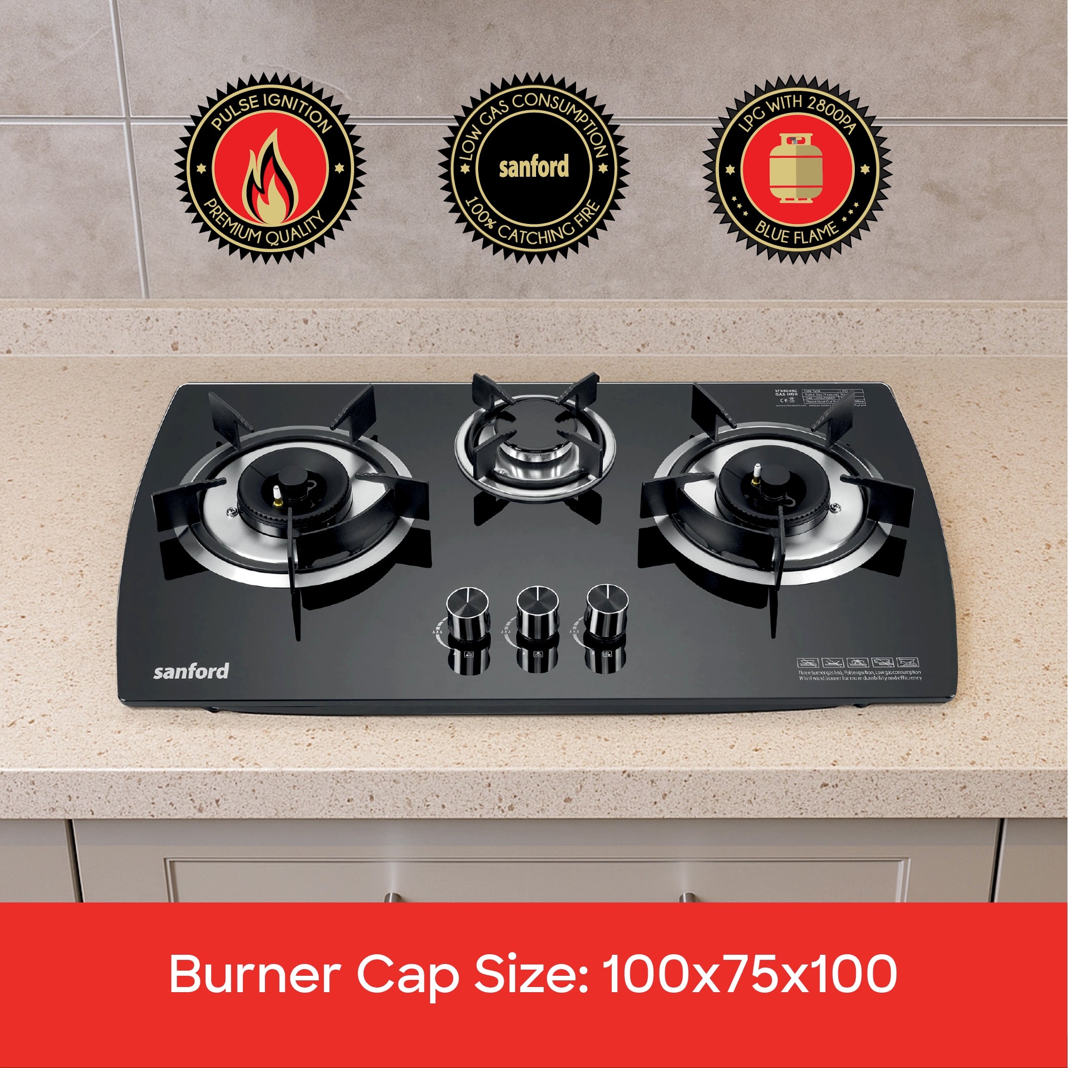 Sanford 3 Burner Gas Hob Toughened Glass with Pulse Ignition & Cast Iron Burners - SF5404GC Sanford KSA
