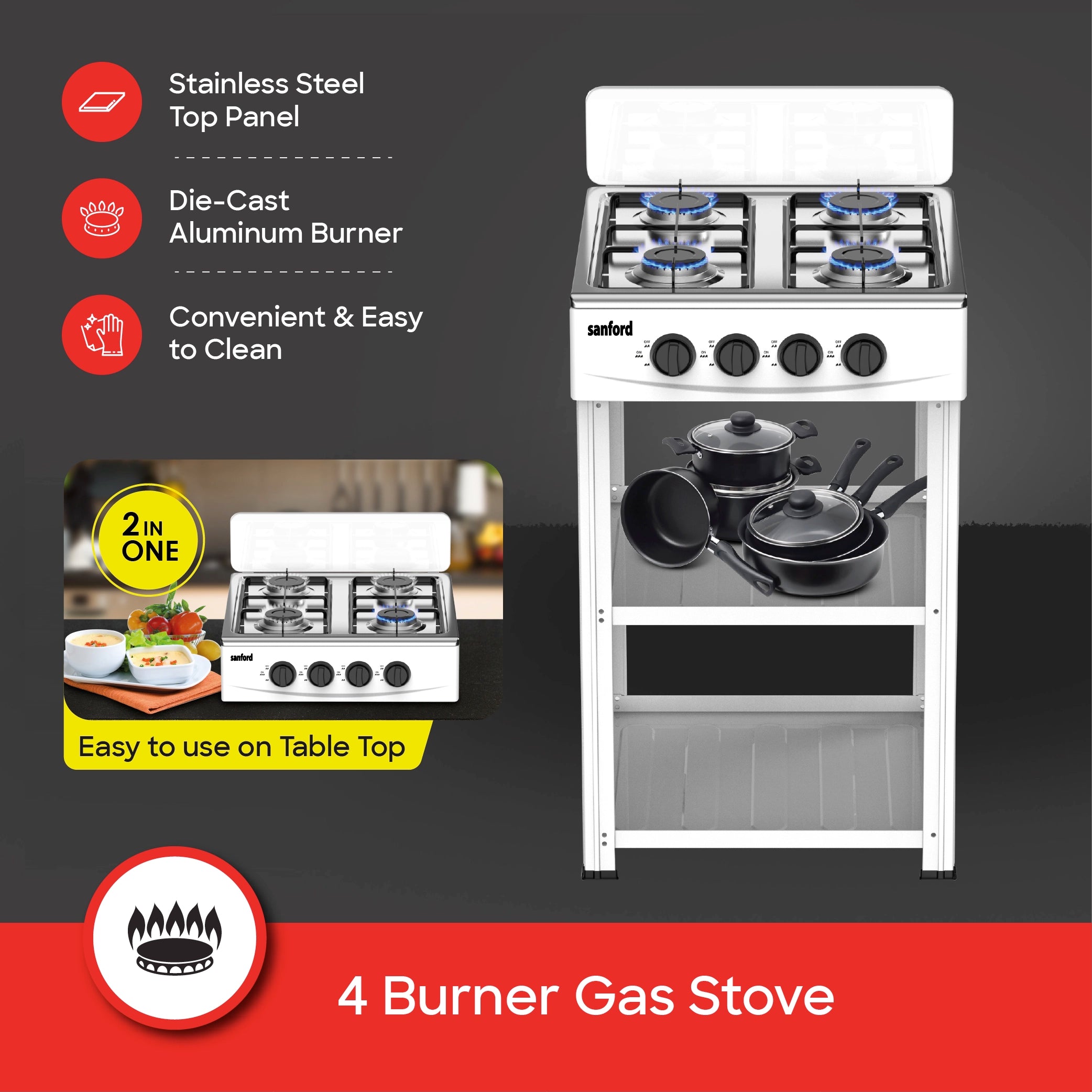 Sanford 4 Burner Gas Stove Stainless Steel with Stand & Die-Cast Burners - SF5460GC Sanford KSA