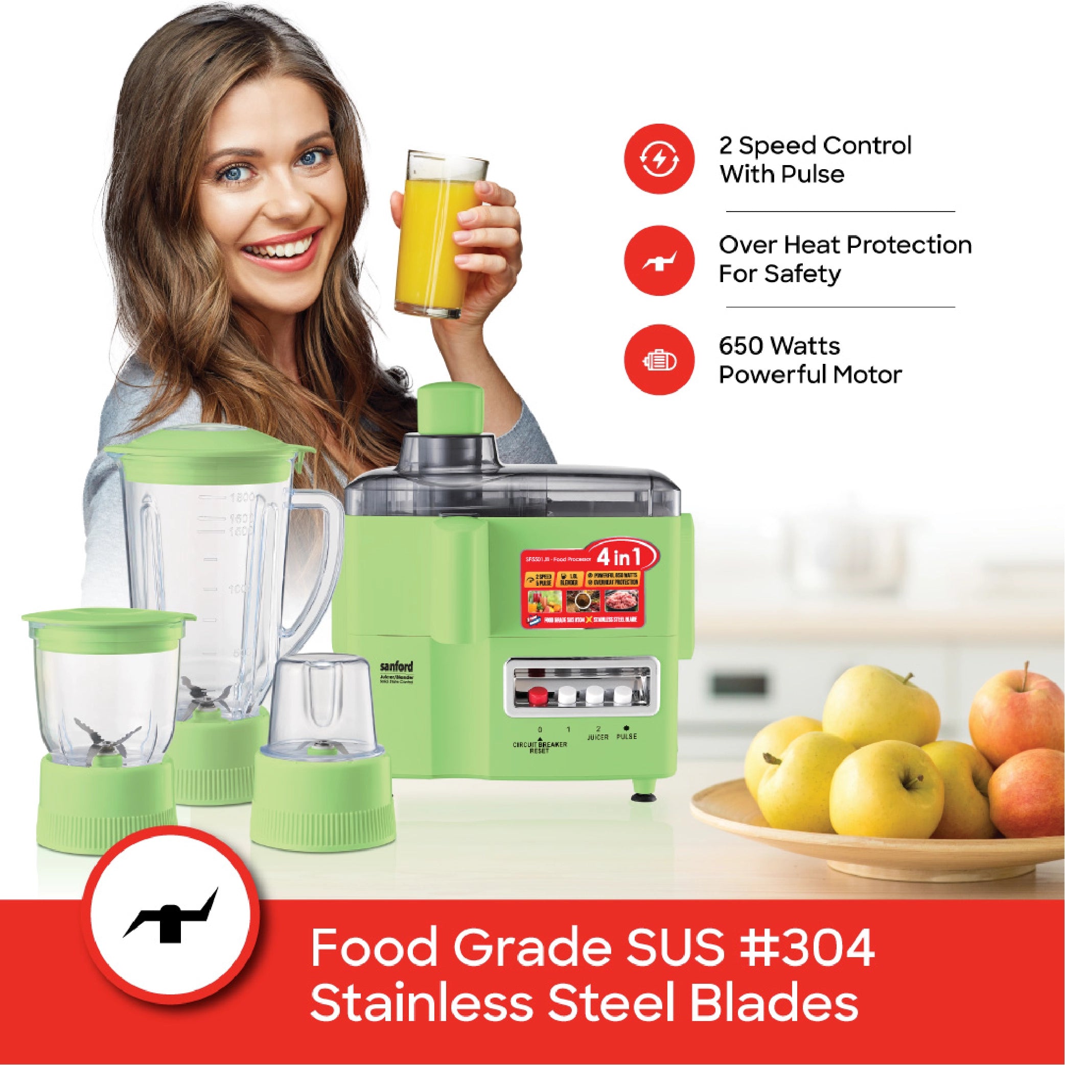 Sanford 4-in-1 Food Processor 1.8L 650W with Mincer & Mill, Stainless Steel Blade - SF5501JB Sanford KSA