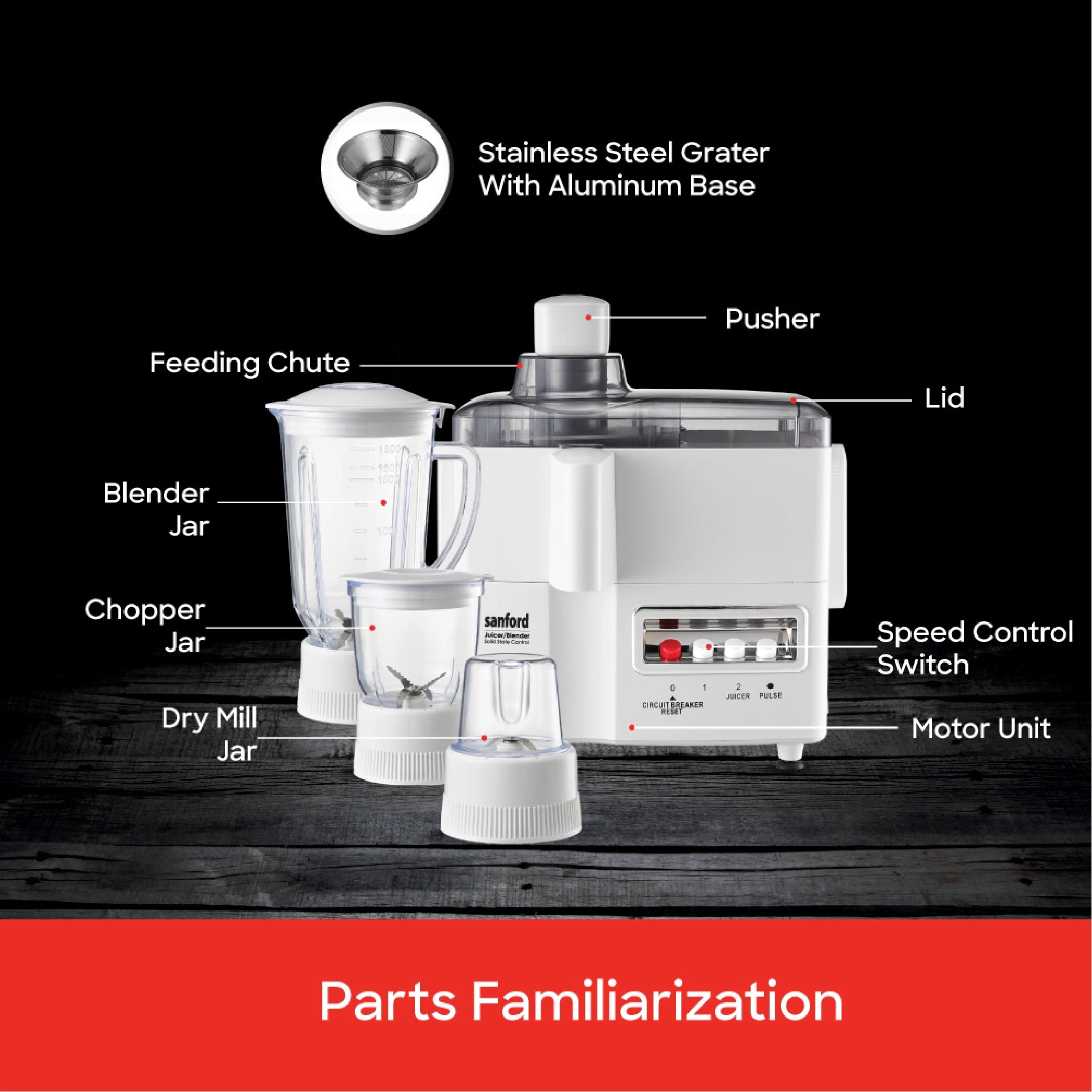 Sanford 4-in-1 Food Processor 1.8L 650W with Mincer & Mill, Stainless Steel Blade - SF5501JB Sanford KSA