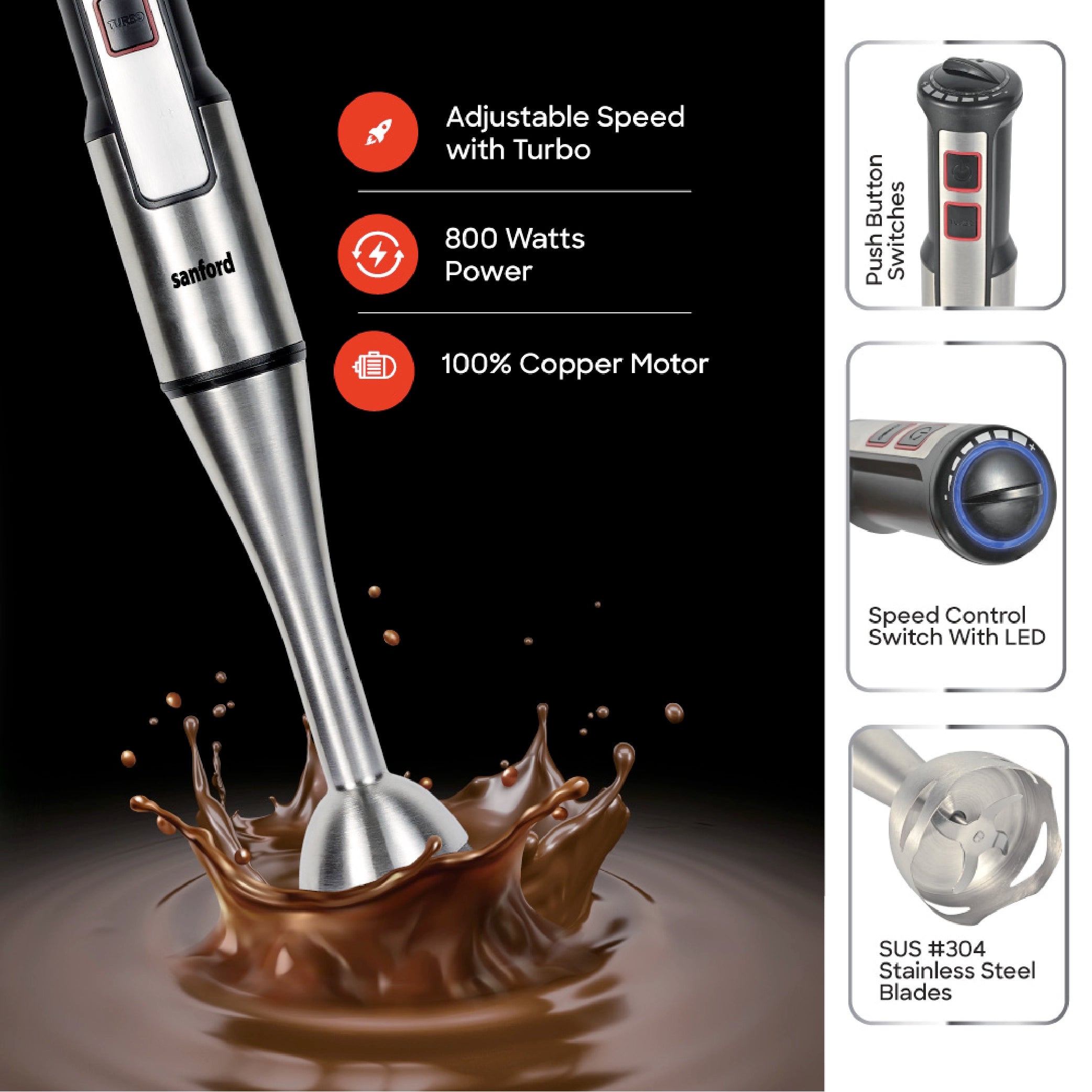 Sanford Hand Blender 800W with Adjustable Speed & Turbo Function, Stainless Steel Rod - SF5510BR Sanford KSA