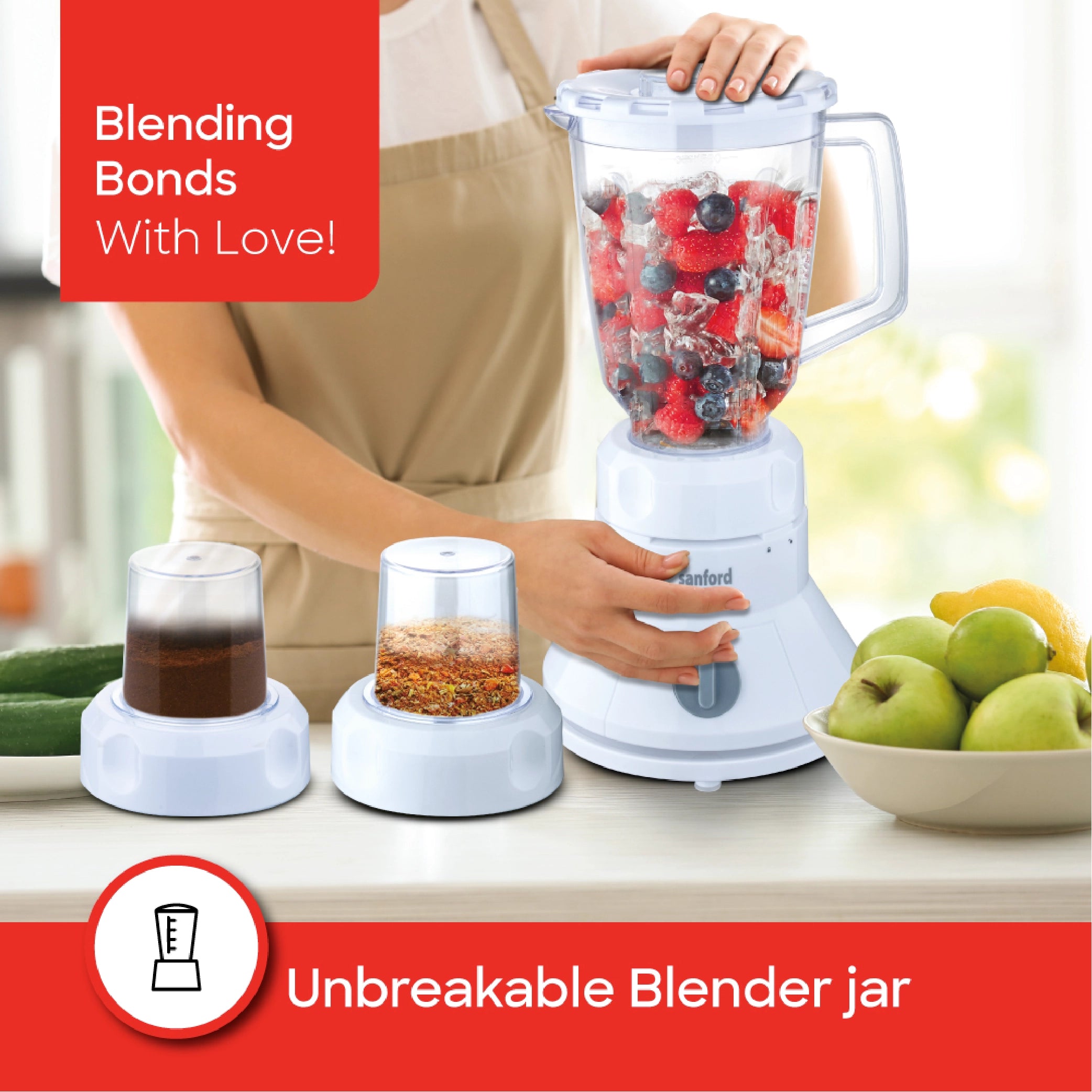Sanford 3-in-1 Blender 1.5L 350W with Chopper & Dry Mill, Stainless Steel Blades - SF5515BR