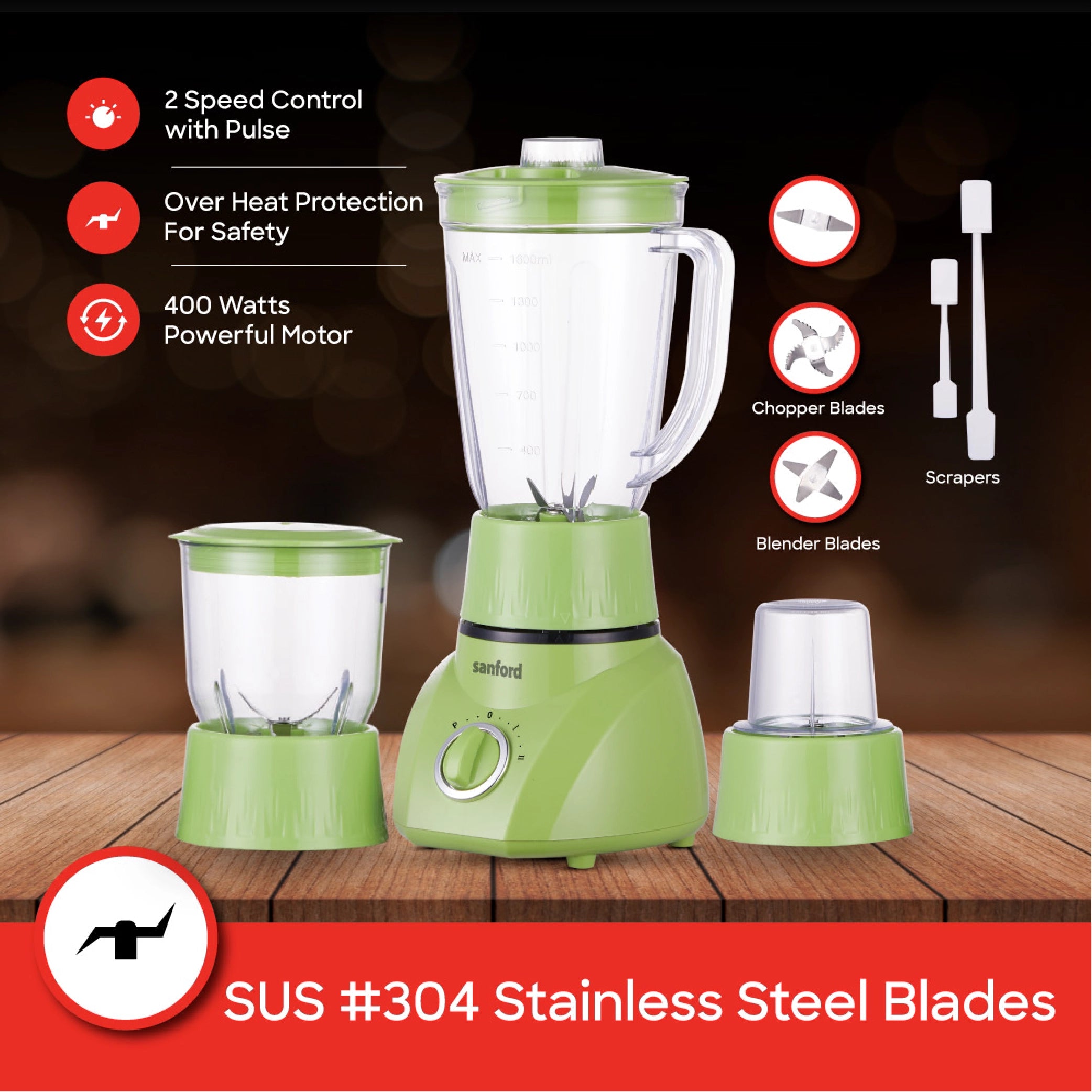 Sanford 3-in-1 Blender 1.6L 400W with Mincer & Dry Mill, Stainless Steel Blades - SF5525BR Sanford KSA