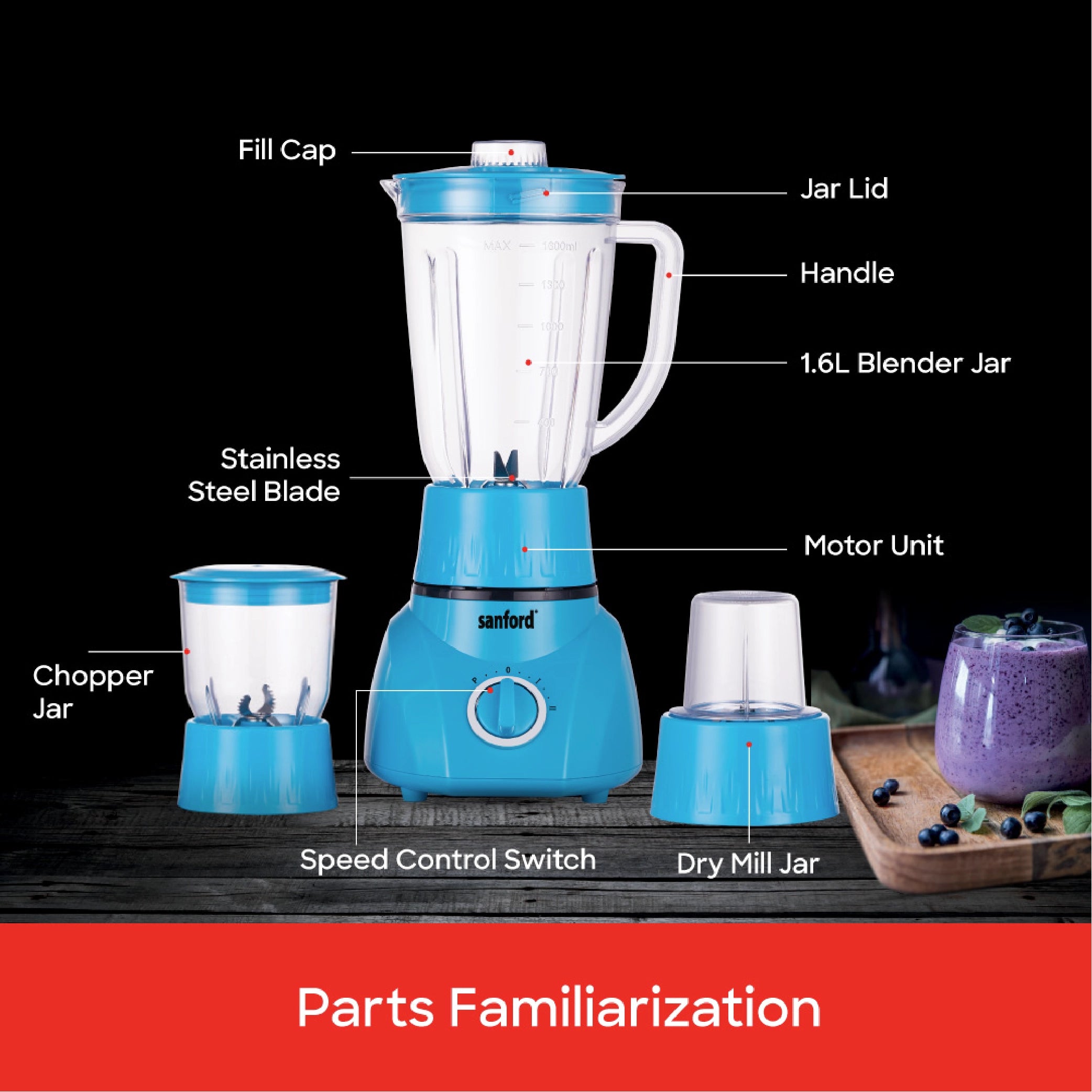 Sanford 3-in-1 Blender 1.6L 400W with Mincer & Dry Mill, Stainless Steel Blades - SF5525BR Sanford KSA