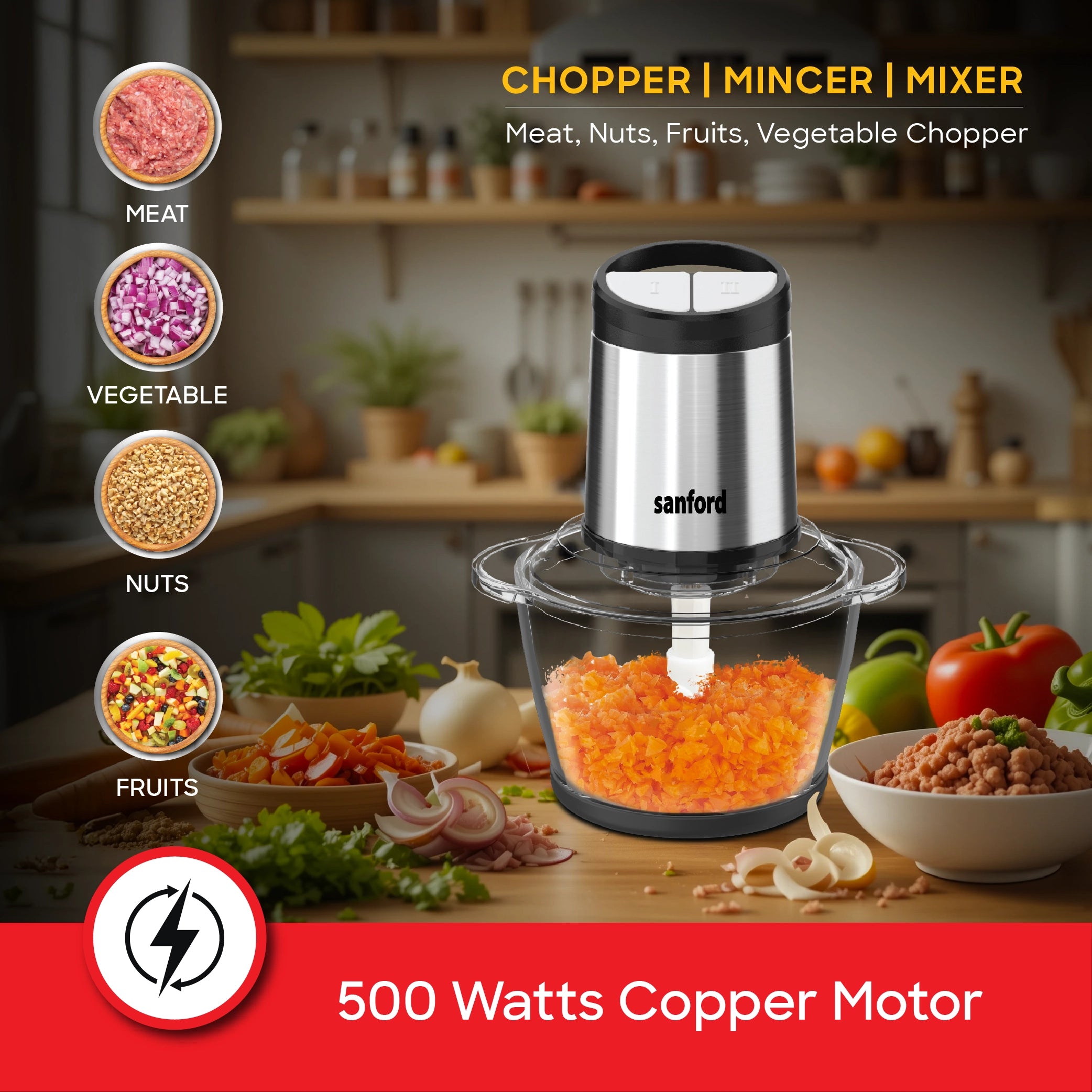 Sanford Food Chopper 1.2L with Glass Bowl & Dual-Speed Operation 500W - SF5581FC Sanford KSA