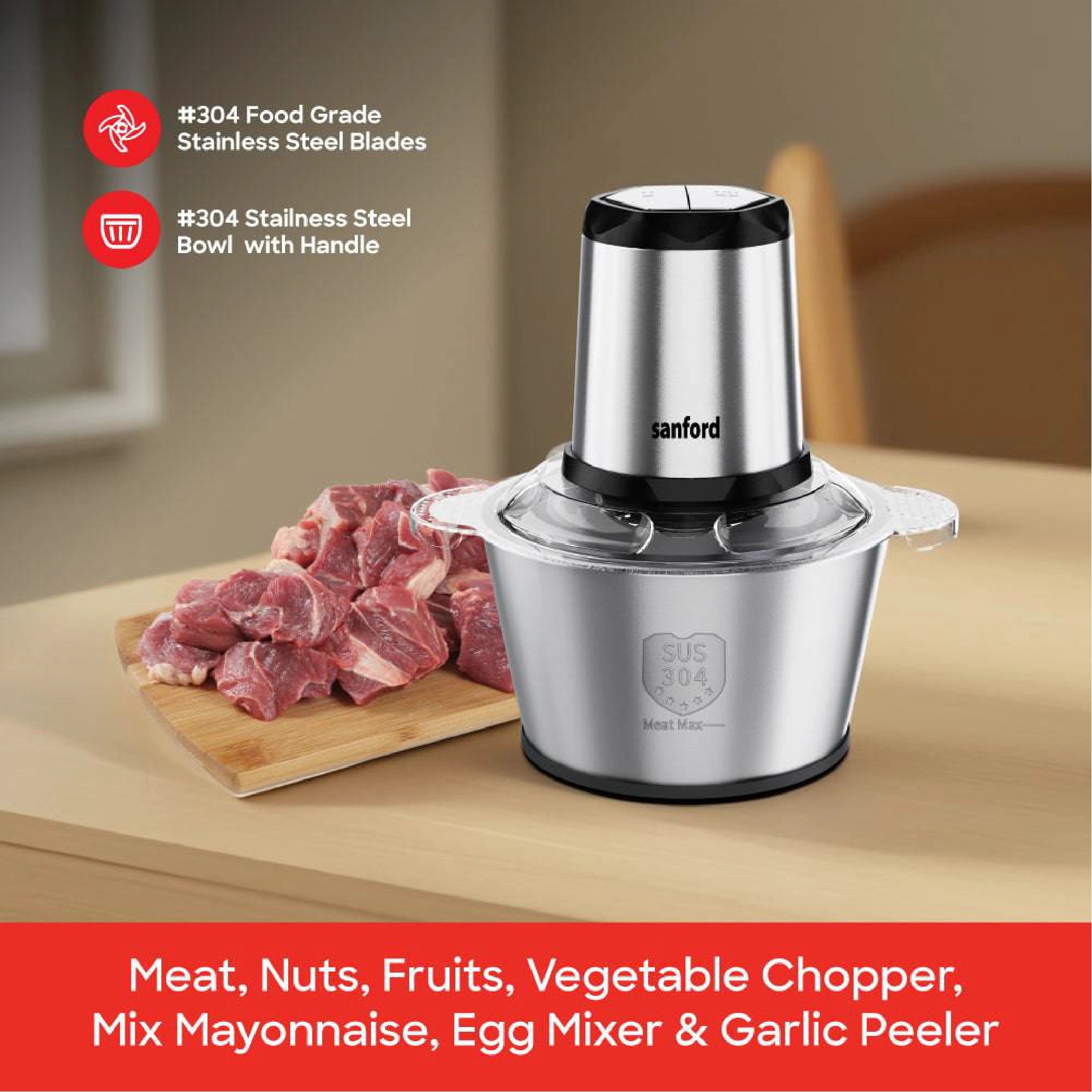 Sanford 3-in-1 Food Chopper 2L with Stainless Steel Bowl 500W - SF5583FC Sanford KSA