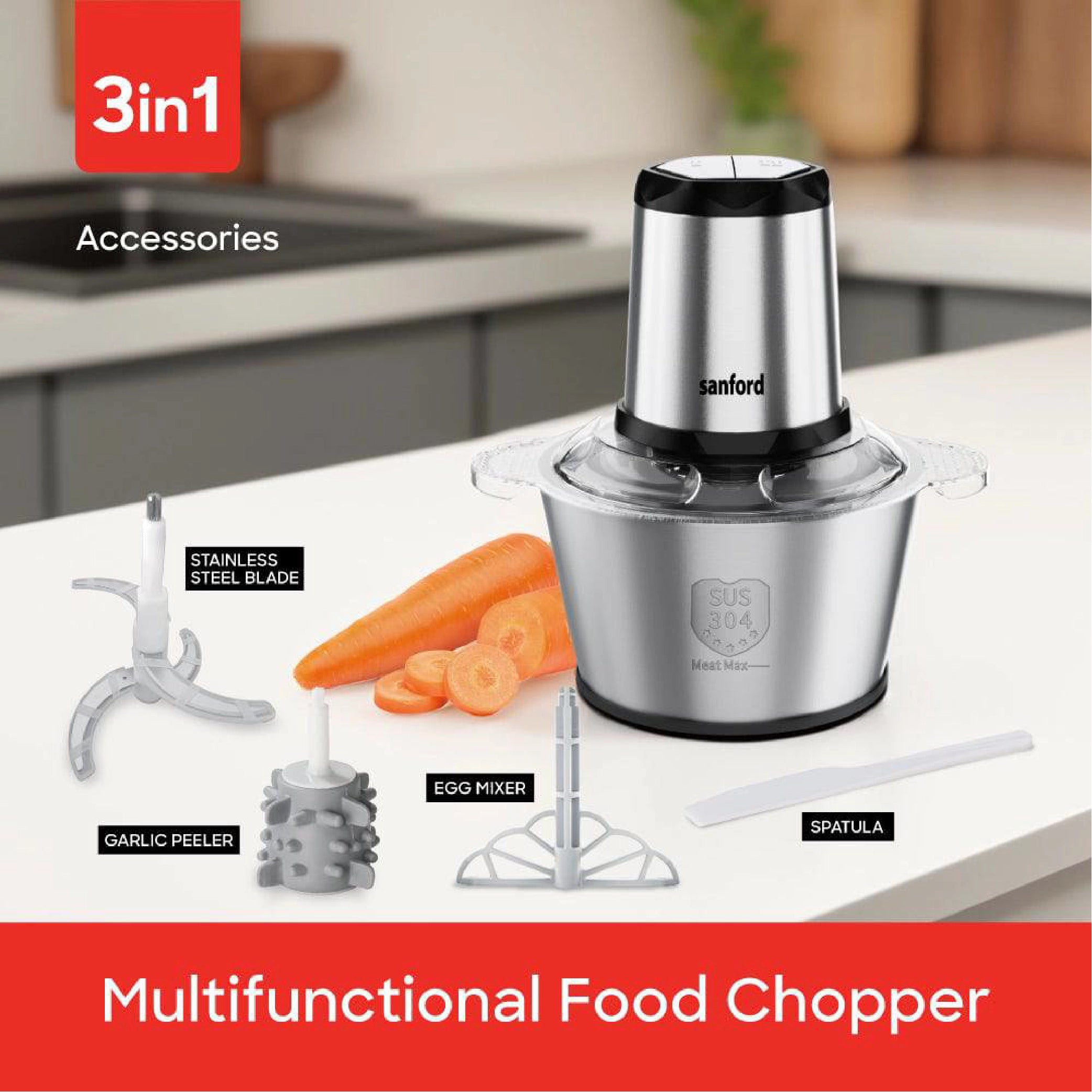 Sanford 3-in-1 Food Chopper 2L with Stainless Steel Bowl 500W - SF5583FC Sanford KSA