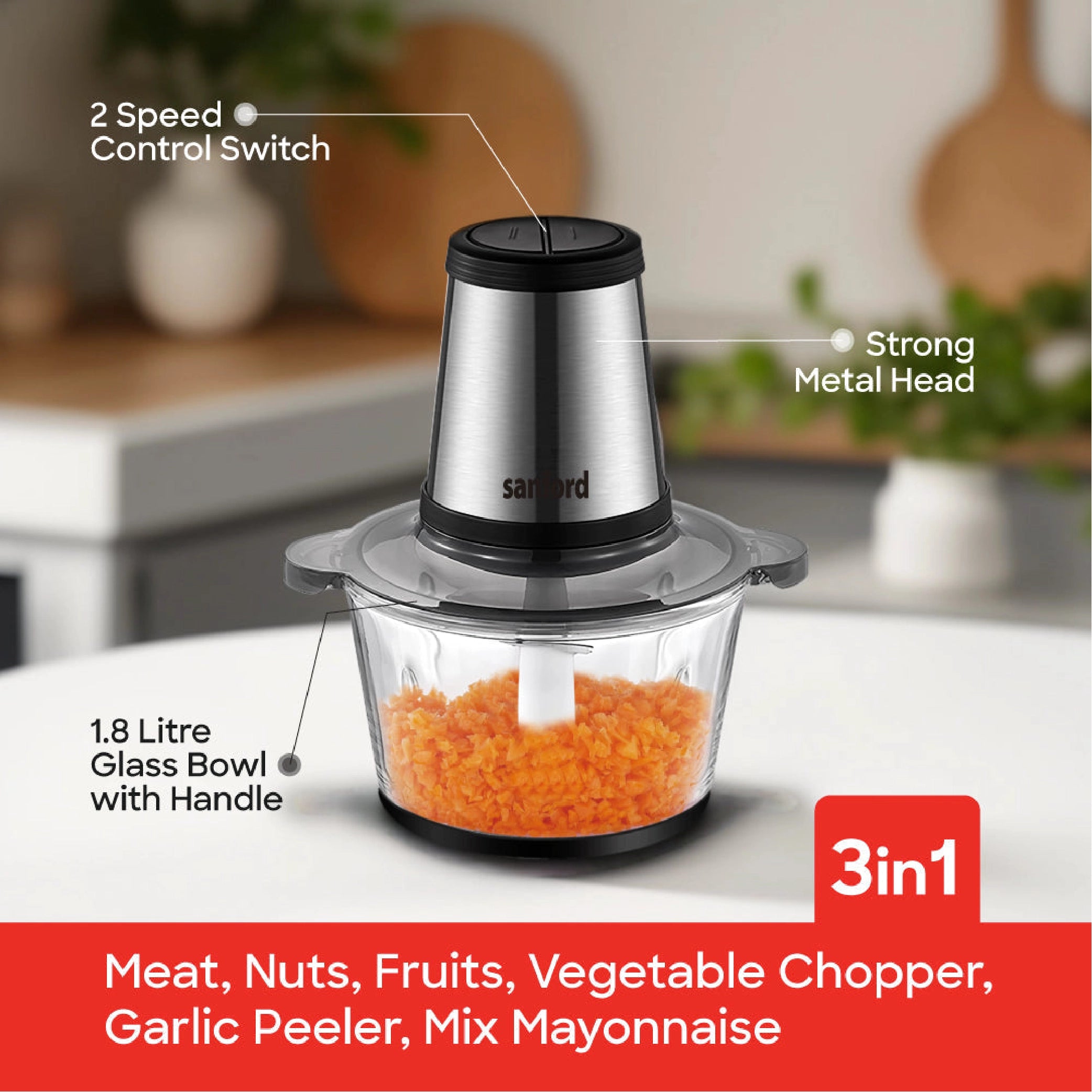 Sanford 3-in-1 Food Chopper 2L with Glass Bowl 500W - SF5584FC Sanford KSA