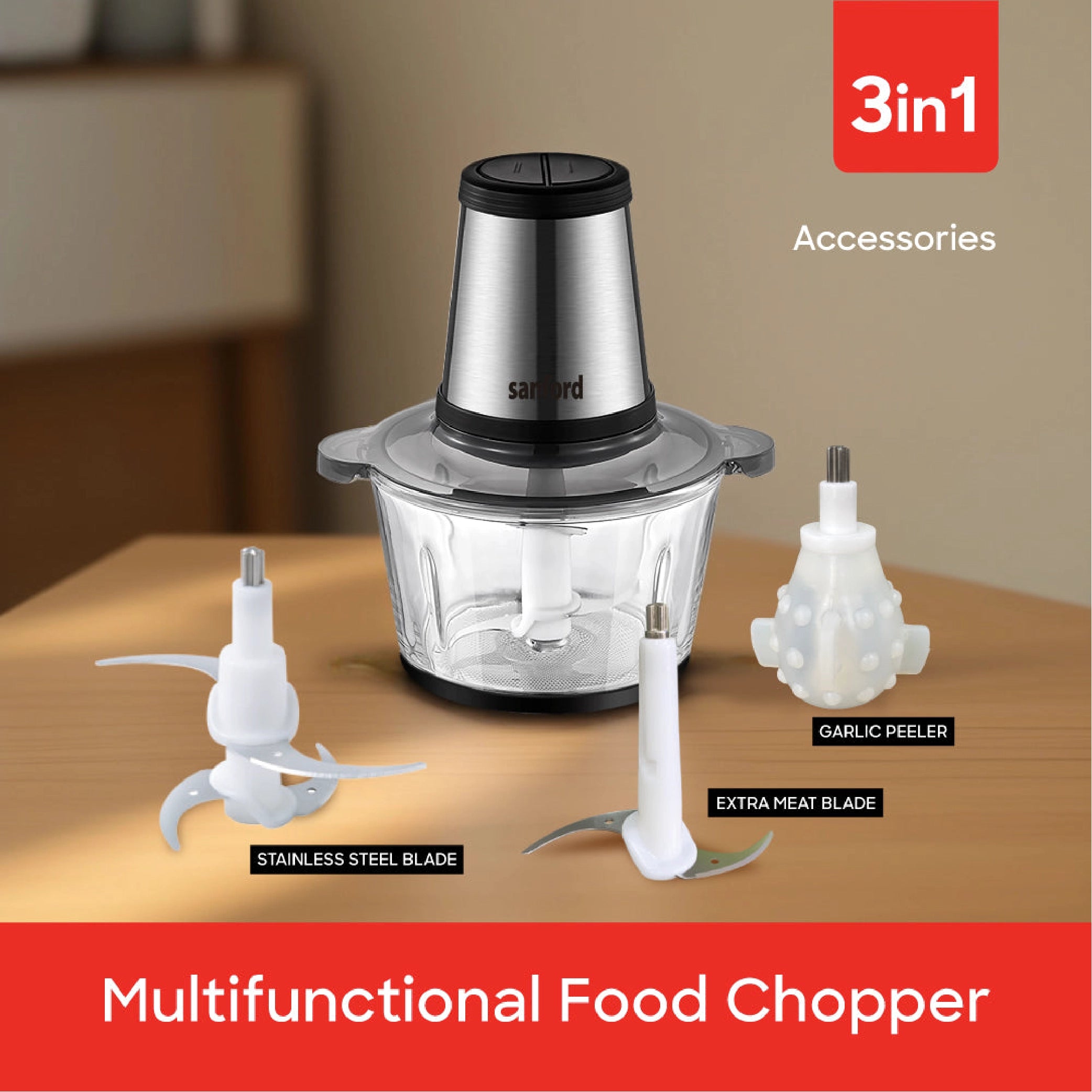 Sanford 3-in-1 Food Chopper 2L with Glass Bowl 500W - SF5584FC Sanford KSA