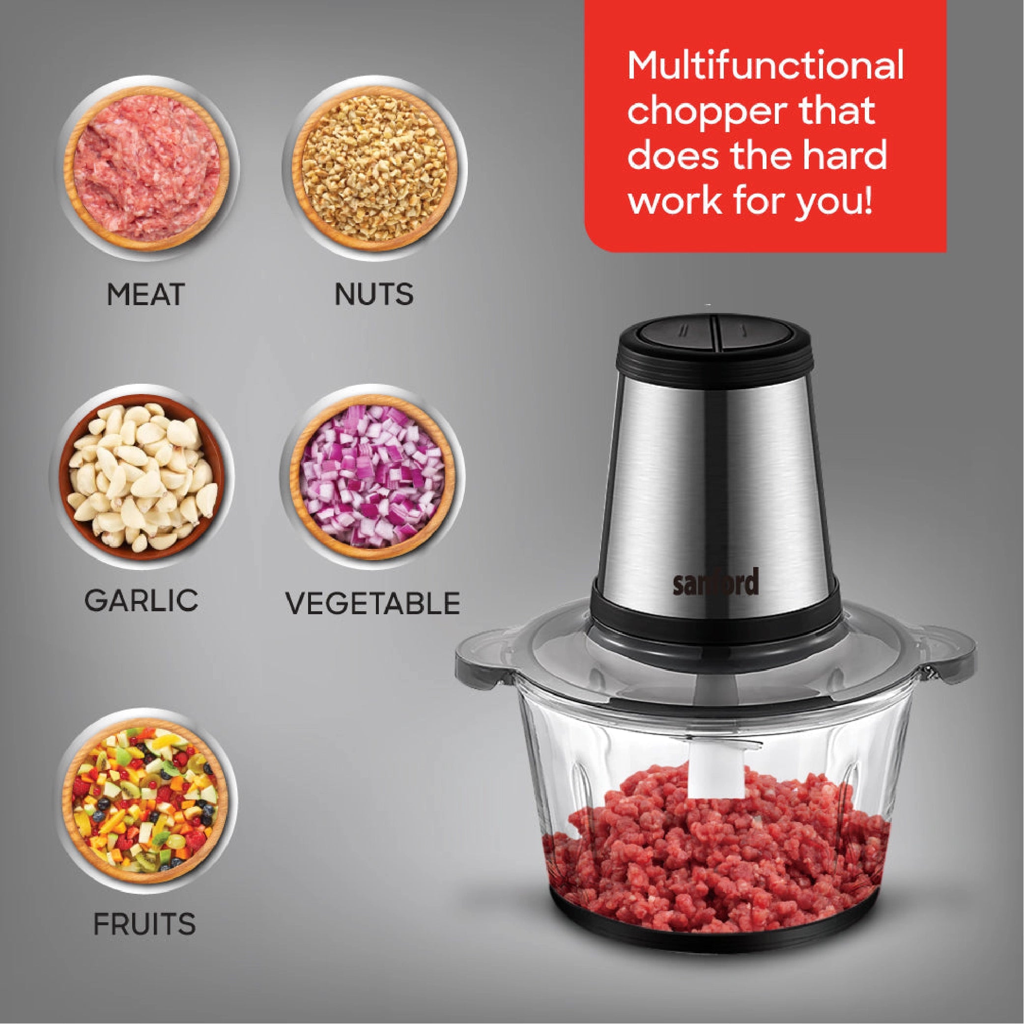 Sanford 3-in-1 Food Chopper 2L with Glass Bowl 500W - SF5584FC Sanford KSA