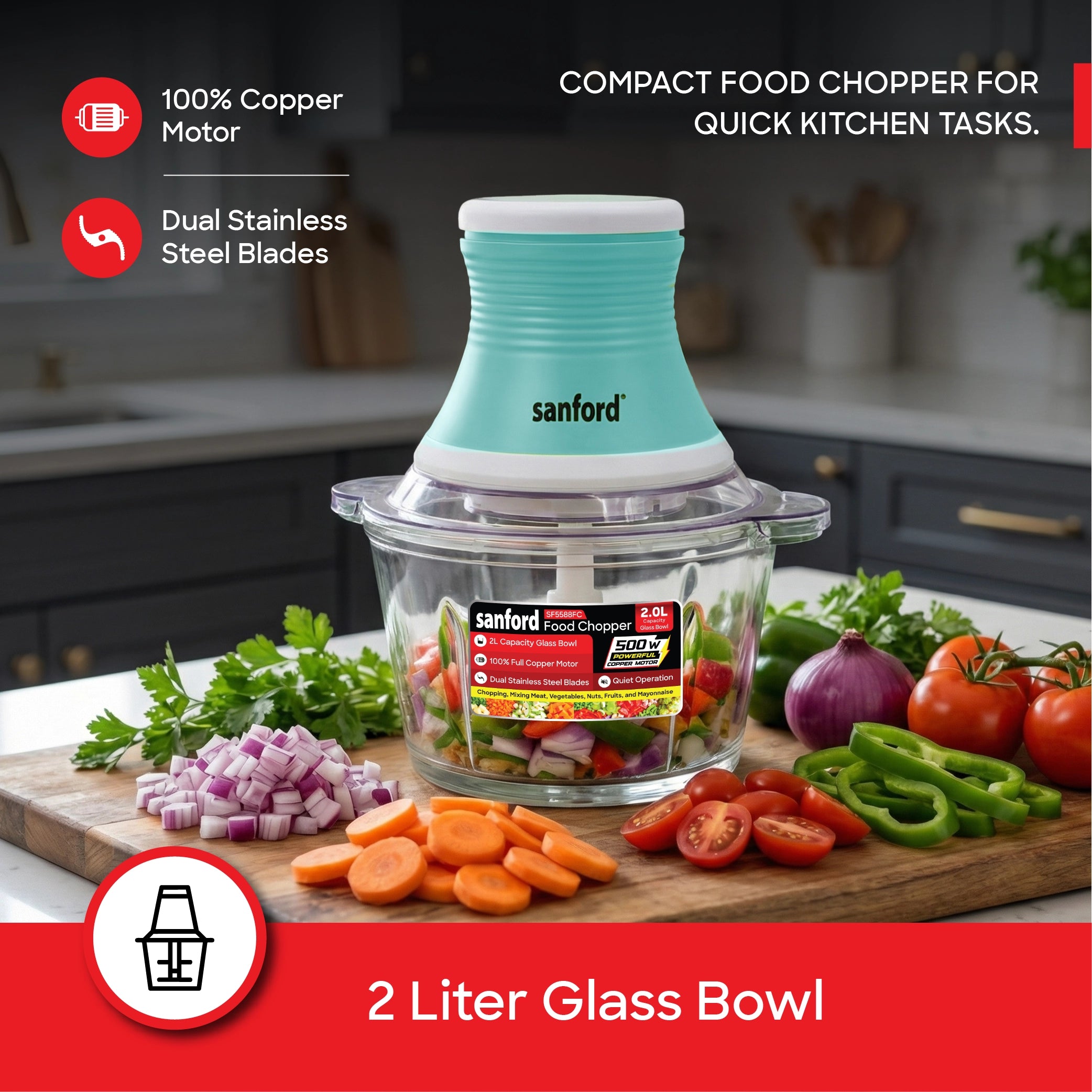 Sanford Food Chopper 2L with Glass Bowl & Copper Motor 500W - SF5588FC Sanford KSA
