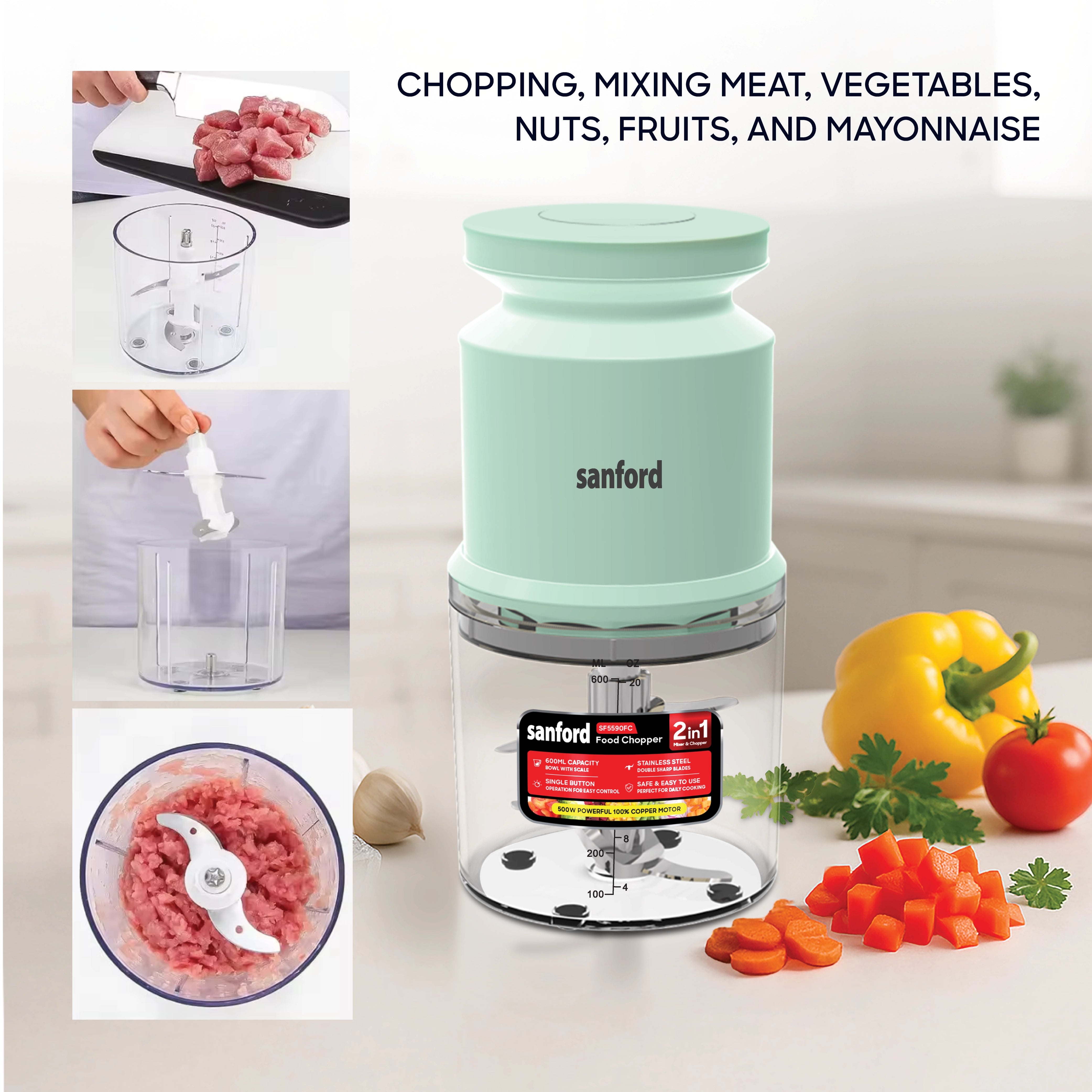 Sanford Food Chopper 2 in 1 500W 600ml Bowl Stainless Steel Blades - SF5590FC Sanford KSA