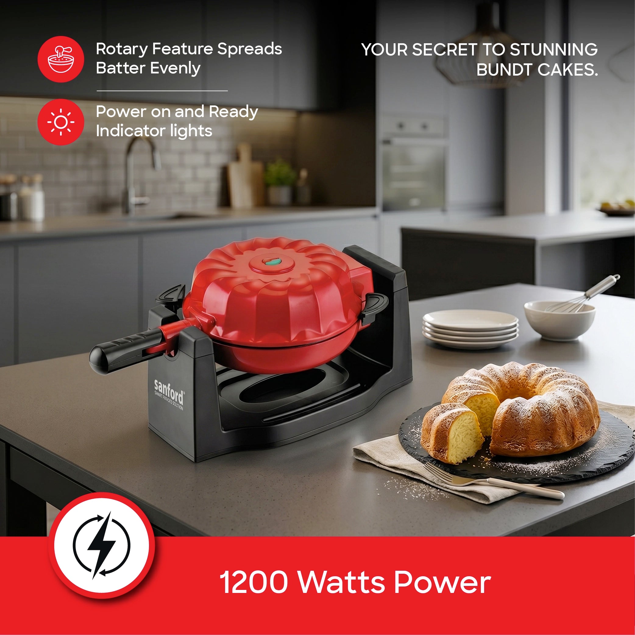 Sanford Bundt Cake Maker 8 Inch Non-Stick Rotary Feature 1200W Easy Lock - SF5789BCM-BS Sanford KSA