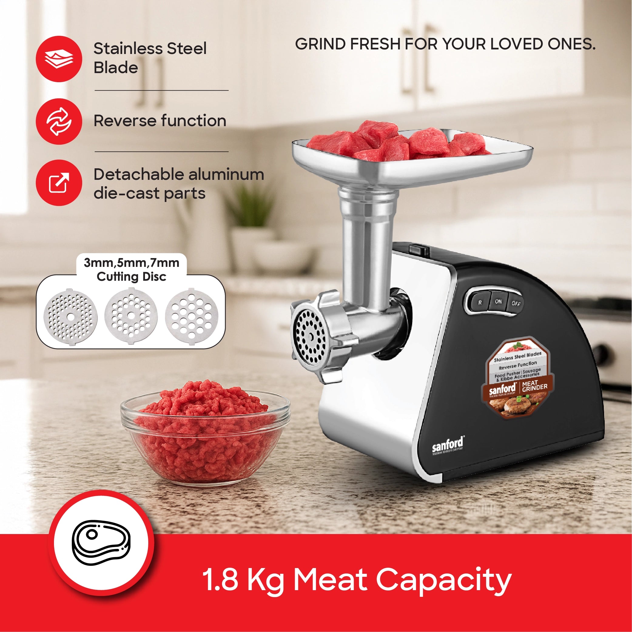 Sanford Meat Grinder 2000W with Accessories & Stainless Steel Cutting Blades - SF5859MG Sanford KSA