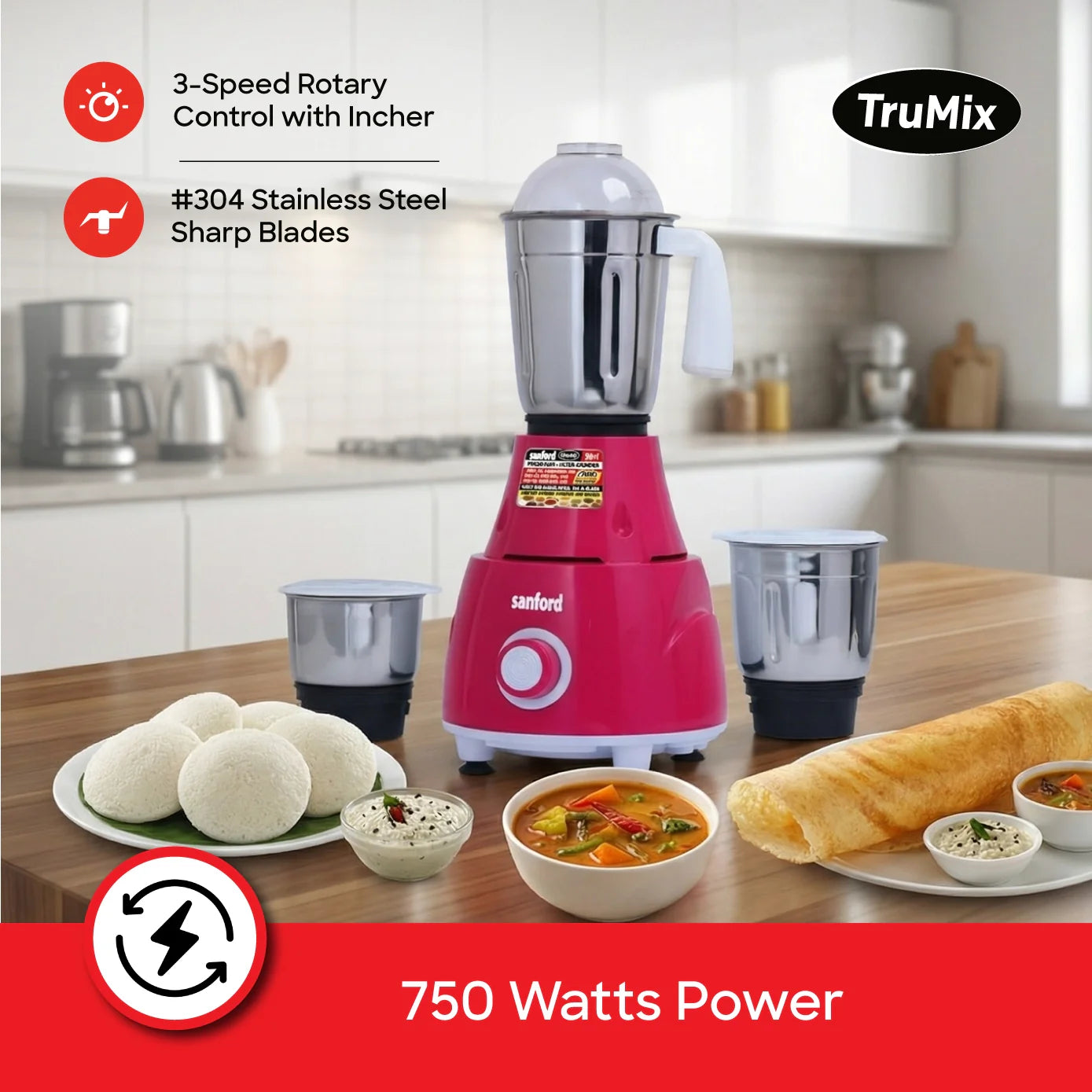 3 in 1 mixer grinder 750W stainless steel jars sanford 4