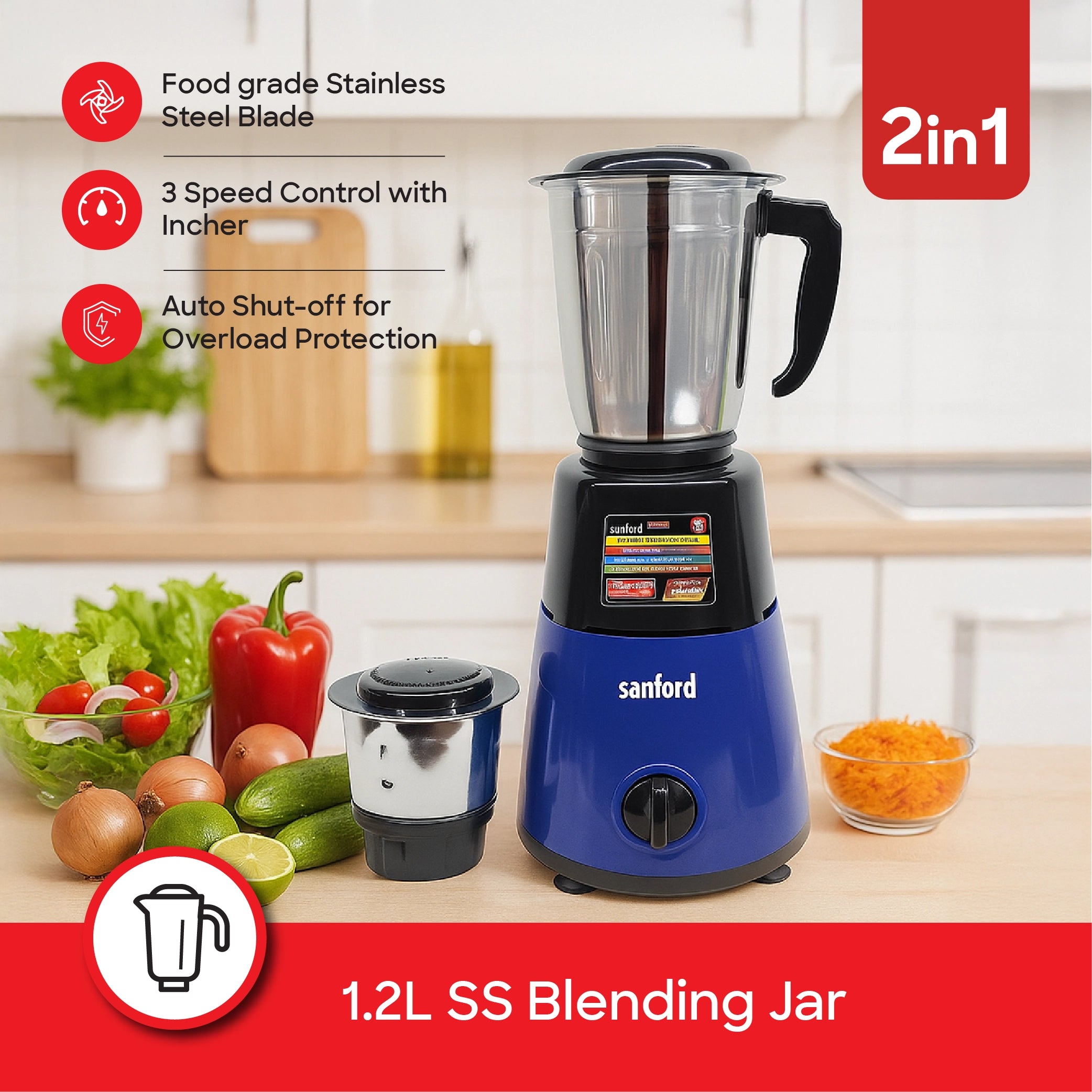 Sanford 2-in-1 Mixer Grinder 550W with Stainless Steel Jars and Copper Motor - SF5905GM Sanford KSA